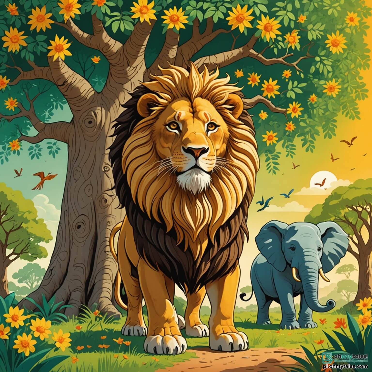 Une illustration destinée aux enfants représentant un majestueux lion à la crinière dorée, se tenant fièrement sous l'ombre d'un immense baobab aux branches étendues comme des bras accueillants, dans une doudoune de verdure vibrante où les fleurs colorées dansent au rythme du vent, tandis qu'il rassemble ses amis, une malicieuse maïpoule aux yeux pétillants et une sage éléphante au regard doux, pour organiser une grande fête célébrant l'amitié et l'entraide au cœur d'une jungle luxuriante, où le chant des oiseaux et le murmure de la rivière créent une mélodie joyeuse.