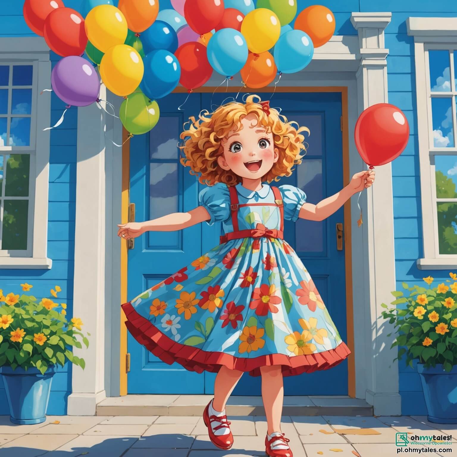 Une illustration destinée aux enfants représentant une petite fille aux cheveux bouclés et dorés, portant une robe à fleurs colorées qui danse joyeusement au gré du vent, se tenant devant une école aux murs peints en bleu ciel, ornée de fenêtres en bois blanc et d'une grande porte rouge, où des ballons colorés flottent dans l'air, alors qu'elle ressent un mélange d'excitation et de nervosité à l'idée de faire sa rentrée des classes, entourée de ses camarades de classe, dont un garçon aux lunettes rondes et une fille aux tresses, qui partagent avec elle des sourires et des rires, tandis que le soleil brille et que les arbres aux feuilles dorées murmurent des promesses d'aventures à venir.