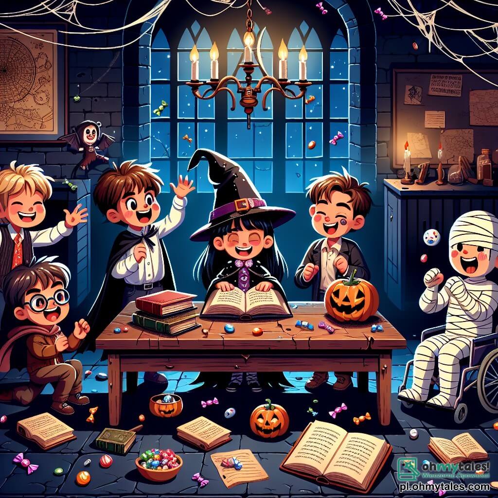 Ilustracja przedstawiająca scenę Halloween w tajemniczej szkole. Klasa jest ciemna, z murami z starych cegieł, oknami ozdobionymi pajęczynami i wiszącymi starymi mapami. Na środku stoi stary drewniany biurko pokryte otwartymi książkami i rozsypanymi cukierkami. Obecnych jest czworo dzieci: chłopiec lat 10 z rozczochranymi brązowymi włosami, ubrany w błyszczący kostium superbohatera, uśmiechający się z entuzjazmem; dziewczynka lat 10 z długimi czarnymi włosami, przebrana za czarownicę z ostrym kapeluszem, robiąca zabawną minę; chłopiec lat 10 z blond włosami, owinięty w bandaże jak mumia, wybuchający śmiechem; oraz chłopiec lat 10 na wózku inwalidzkim, w okularach i kostiumie potwora, który radośnie klaska. Główna sytuacja pokazuje dzieci rozwiązujące zagadkę postawioną przez przyjaznego ducha, z wyrazami ciekawości i ekscytacji na ich twarzach. Kolorowe cukierki unoszą się wokół nich, a delikatne światło oświetla scenę, tworząc magiczną i świąteczną atmosferę. Cienie tańczą na ścianach, dodając odrobinę tajemnicy do tej halloweenowej przygody.