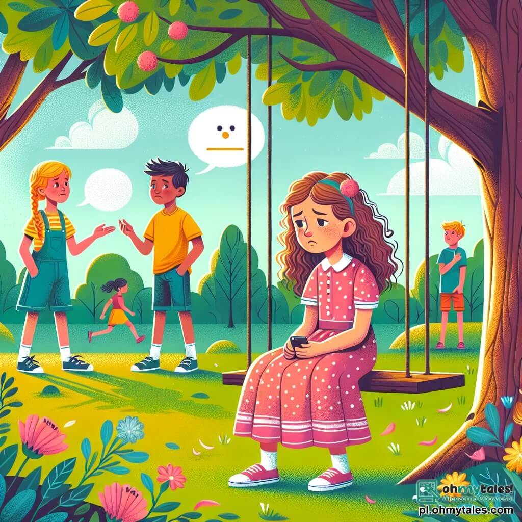 Ilustracja przedstawiająca słoneczny park z zielonymi drzewami i kolorowymi kwiatami tańczącymi na wietrze. W centrum dziewięcioletnia dziewczynka z brązowymi, kręconymi włosami ma na sobie różową sukienkę w białe kropki. Siedzi na huśtawce, z smutną miną, z opuszczonymi oczami, trzymając telefon komórkowy w rękach. Obok niej inna dziewczynka w tym samym wieku, z warkoczami i żółtą koszulką, obserwuje ją z zaniepokojoną miną, z założonymi rękami. Chłopiec w tym samym wieku, z kasztanowymi włosami i niebieskimi szortami, stoi nieco dalej, wyglądając na niepewnego, jakby chciał podejść, ale nie wiedział jak. W tle inne dzieci bawią się radośnie, ale atmosfera wokół trzech postaci jest naładowana emocjami, ilustrując samotność i potrzebę wsparcia w obliczu prześladowania. Dymki dialogowe mogłyby pokazywać raniące słowa unoszące się wokół smutnej dziewczynki, aby podkreślić temat prześladowania.