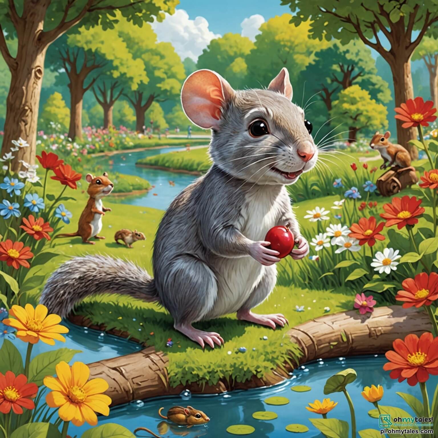 Une illustration destinée aux enfants représentant un rat malicieux au pelage gris et aux yeux pétillants, qui se trouve dans un parc ensoleillé rempli de fleurs colorées et de grands arbres aux feuilles verdoyantes, où il prépare une course de wózki avec sa meilleure amie, une joyeuse écureuille à la fourrure rousse, sous le regard amusé des autres animaux rassemblés autour d'un étang scintillant.