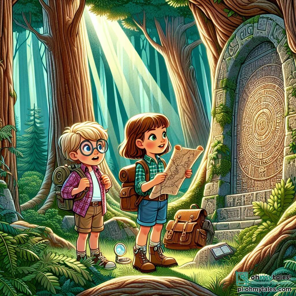 Une illustration sous forme de dessin destinée aux enfants représentant une ancienne et mystérieuse forêt verdoyante, avec de grands arbres aux troncs noueux et des rayons de soleil filtrant à travers le feuillage, où une jeune fille courageuse aux cheveux bruns et aux yeux pétillants, vêtue d'une chemise à carreaux et d'un short, examine attentivement une carte ancienne, tandis qu'à ses côtés, un garçon aux cheveux blonds et aux lunettes rondes, portant un sac à dos rempli de fournitures d'exploration, regarde avec émerveillement une grande porte en pierre ornée de symboles mystérieux, symbolisant leur quête pour découvrir la légendaire temple perdu.