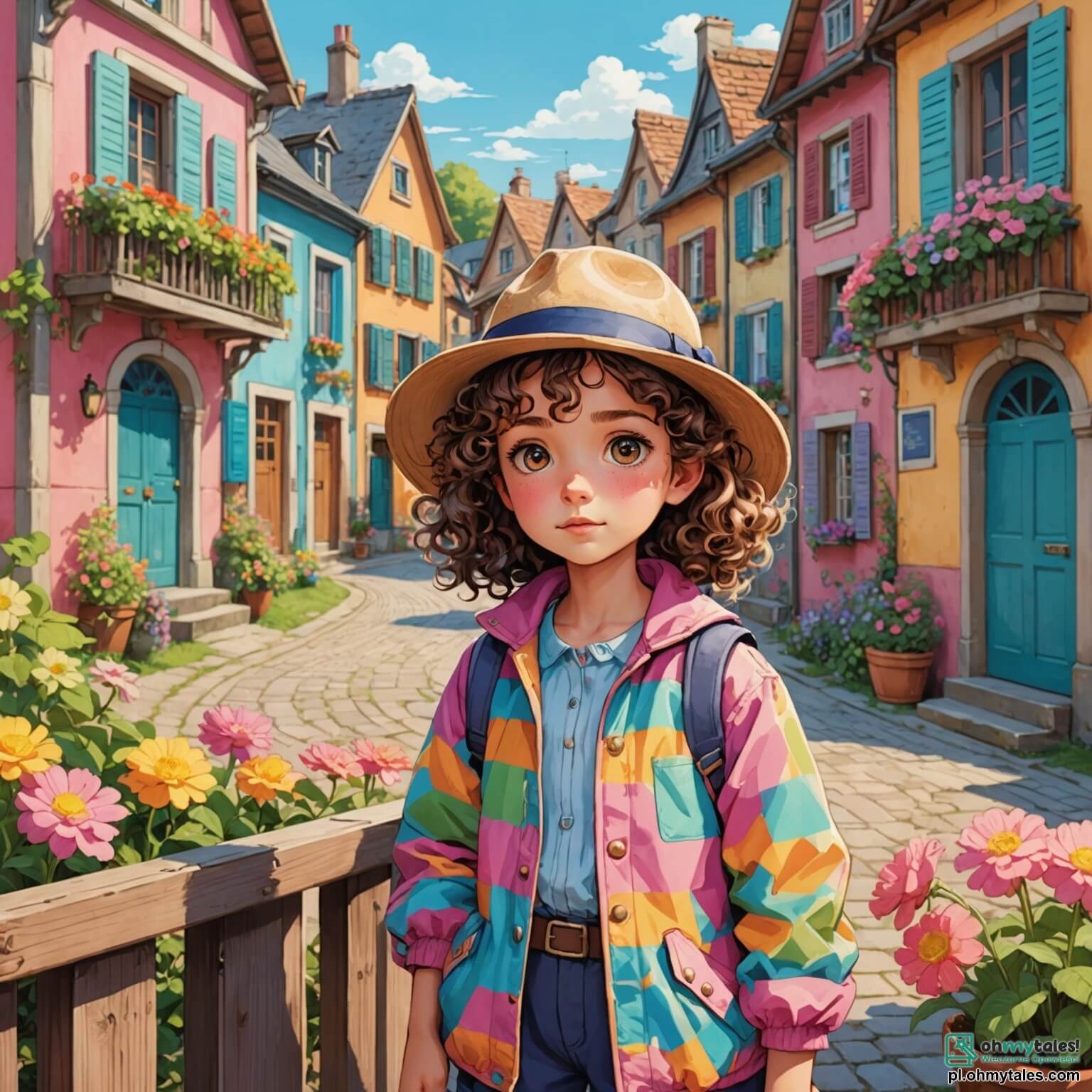 Une illustration destinée aux enfants représentant une petite fille aux cheveux bouclés et aux yeux pétillants de curiosité, vêtue d'une veste colorée et d'un chapeau de détective, se tenant au centre d'un charmant village aux maisons aux façades pastel et aux volets en bois, où les fleurs aux couleurs vives ornent les jardins, tandis qu'elle scrute attentivement une vieille boîte en bois mystérieusement laissée sur un banc, entourée de son meilleur ami, un garçon aux lunettes rondes et à l'air intelligent, qui tient une loupe, et d'un vieux monsieur à la barbe blanche, connu pour ses histoires intrigantes, tous plongés dans l'atmosphère enjouée et énigmatique de cet endroit ensoleillé, où chaque coin de rue pourrait receler un secret à découvrir.
