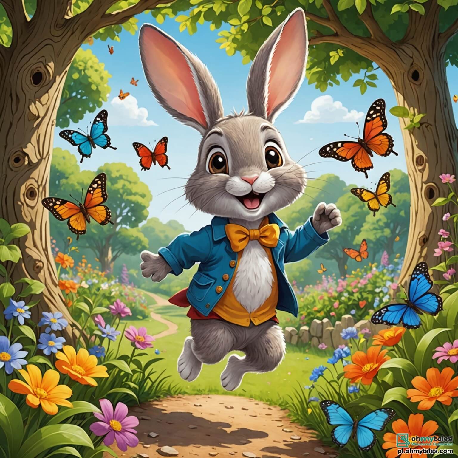 Une illustration destinée aux enfants représentant un petit lapin espiègle aux grandes oreilles, bondissant joyeusement dans un jardin coloré rempli de fleurs éclatantes et de papillons virevoltants, où il tente de préparer une surprise gourmande pour sa meilleure amie, une douce petite souris grise au sourire malicieux, sous l'ombre d'un grand chêne aux feuilles verdoyantes et aux branches noueuses.