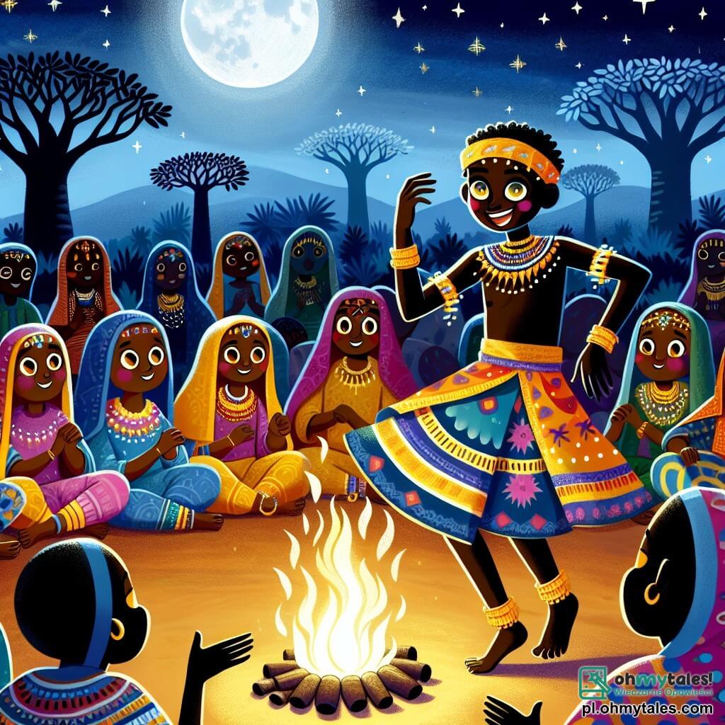 Une illustration sous forme de dessin destinée aux enfants représentant une scène vibrante dans la wioska Złotych Snów, où un jeune homme aux yeux brillants et à la peau dorée, vêtu d'un pagne coloré, danse joyeusement autour d'un feu de camp, entouré de villageois aux vêtements traditionnels aux motifs éclatants, qui l'écoutent avec émerveillement alors qu'il raconte des histoires captivantes sur la diversité culturelle et les leçons de vie, sous un ciel étoilé illuminé par la lumière de la lune et les silhouettes majestueuses des baobabs en arrière-plan.