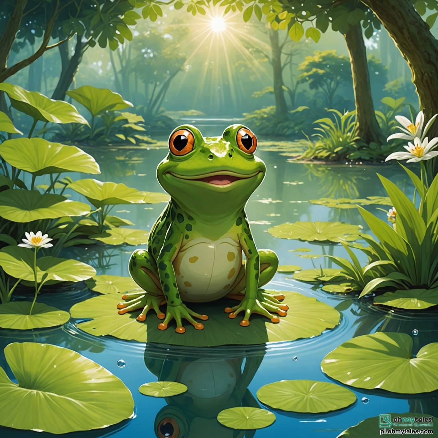 Une illustration destinée aux enfants représentant une grenouille espiègle aux yeux pétillants, sautillant joyeusement sur de grandes feuilles vertes au bord d'un stérile stang, où le soleil brille à travers les arbres majestueux, tandis qu'un petit lapin curieux, au pelage doux et soyeux, l'observe avec un sourire amusé, attendant avec impatience de découvrir les blagues hilarantes que la grenouille s'apprête à raconter.