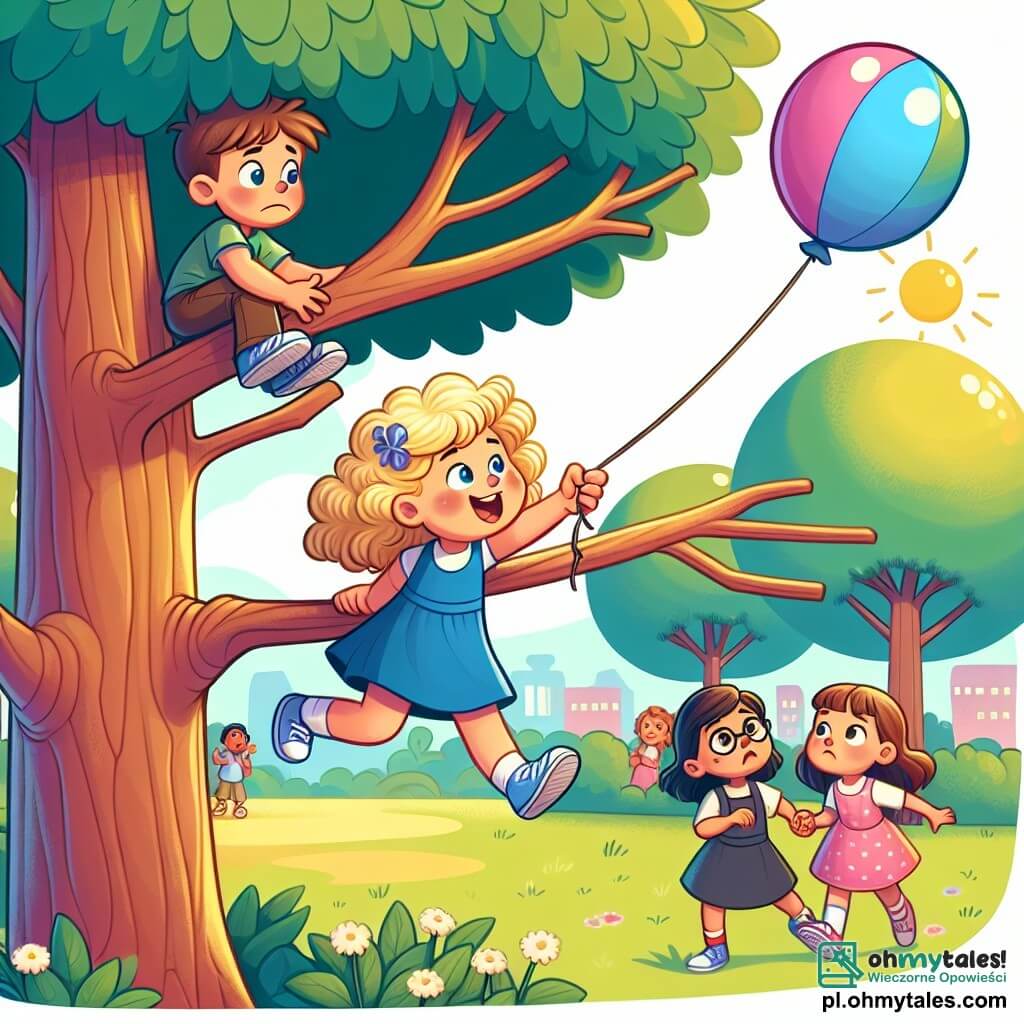 Une illustration sous forme de dessin destinée aux enfants représentant un parc ensoleillé avec un grand arbre au centre, où une petite fille de 5 ans aux cheveux blonds et bouclés, portant une robe bleue, grimpe avec détermination sur une branche tout en tendant la main vers un balon coloré qui flotte au-dessus d'elle, tandis qu'un garçon aux cheveux bruns et une fille aux cheveux châtains, tous deux âgés de 6 ans, l'observent avec des expressions d'inquiétude et de curiosité, illustrant le moment où elle essaie d'atteindre le balon tout en cachant son intention de ne pas avouer qu'elle a menti à ses amis.