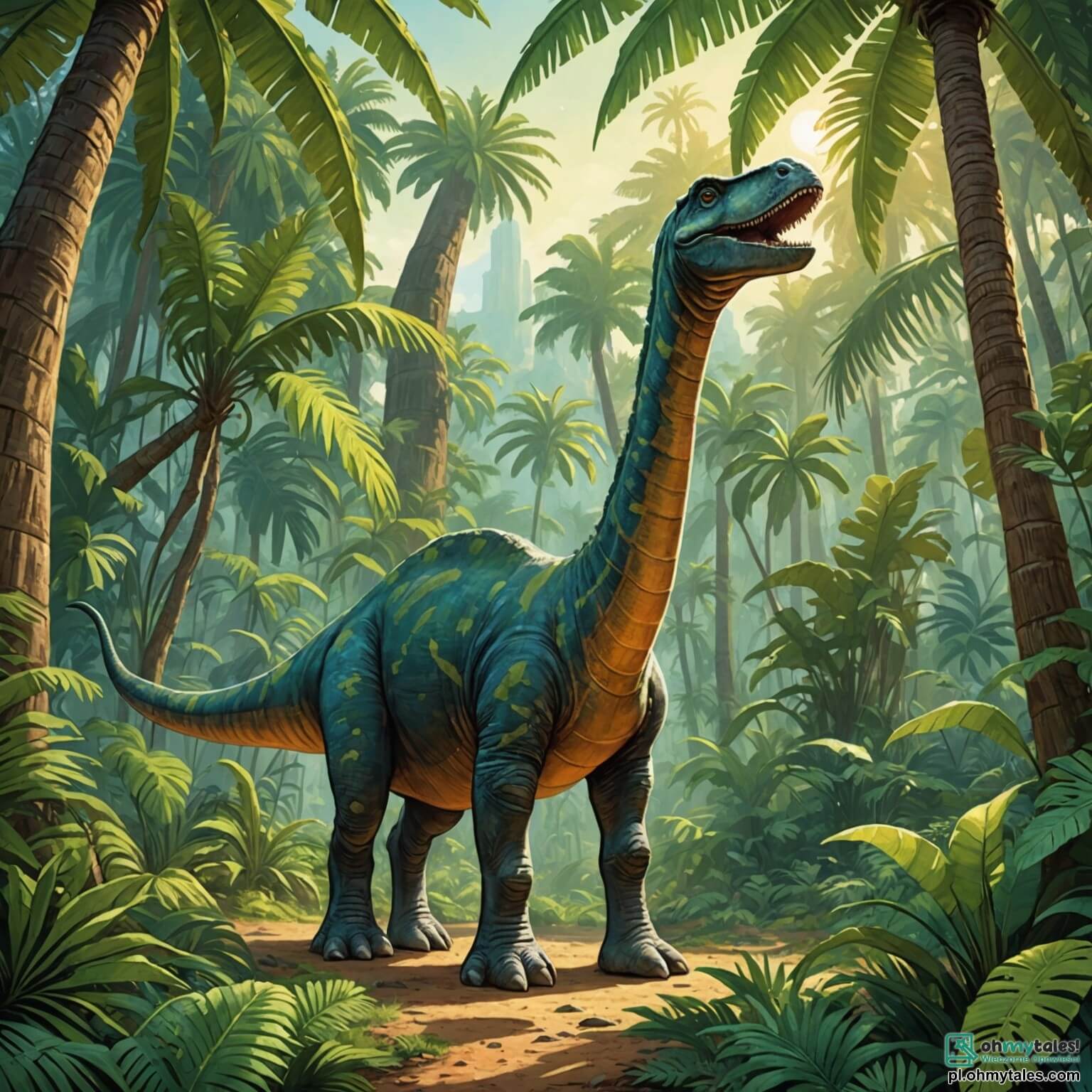 Une illustration destinée aux enfants représentant un majestueux diplodocus aux longues pattes élancées et à la nuque sinueuse, se dressant fièrement au cœur d'une densa et vibrante d jungle préhistorique, où les rayons du soleil filtrent à travers un feuillage luxuriant de palmiers géants et de fougères éclatantes, tandis qu'il se lance dans une quête palpitante pour découvrir une mystérieuse jaskinia, accompagné de son intrépide amie triceratops aux couleurs chatoyantes, tous deux émus par les doux murmures des ruisseaux scintillants et les chants mélodieux des oiseaux préhistoriques, dans un monde où chaque pas résonne comme un écho d'aventure et d'amitié.