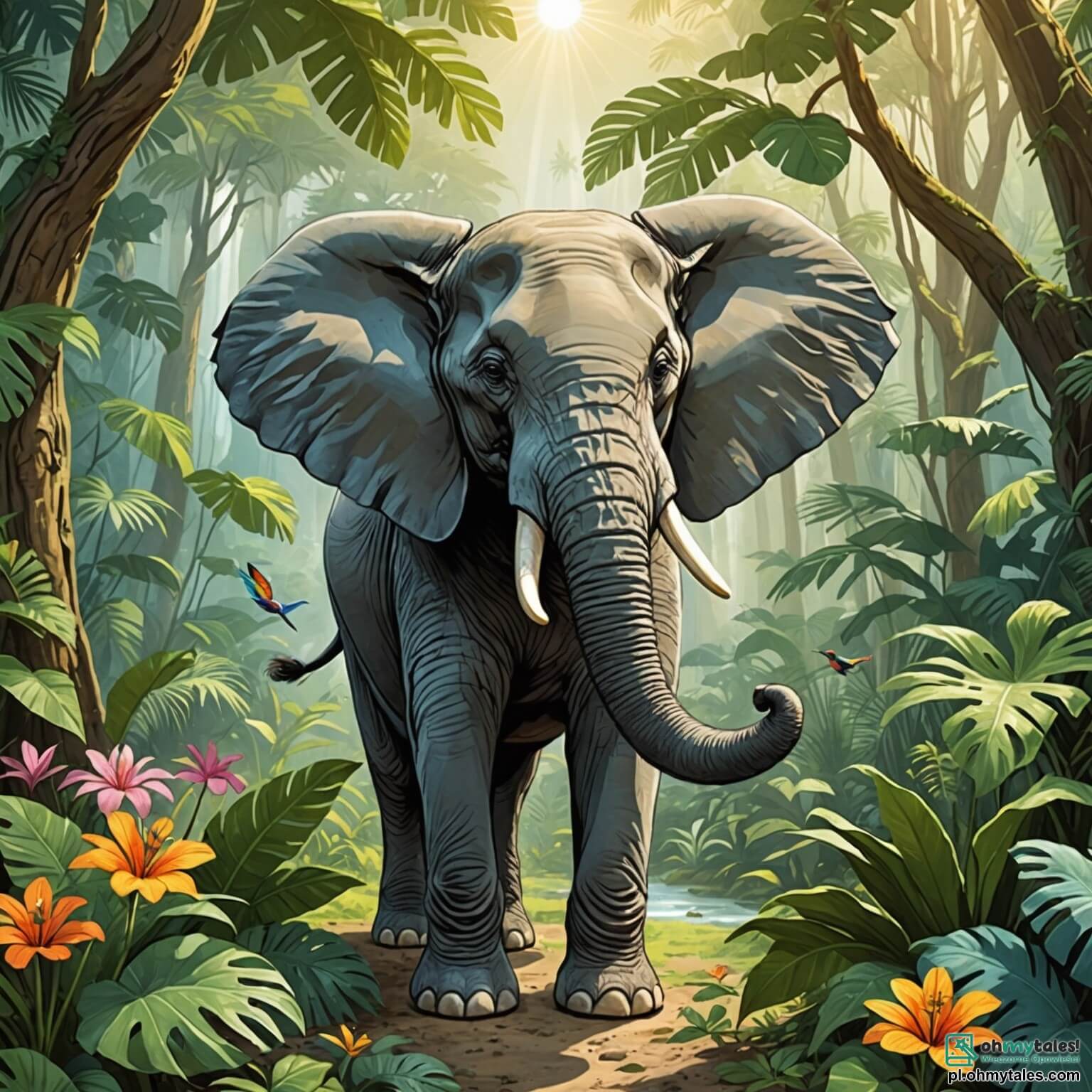 Une illustration destinée aux enfants représentant un majestueux éléphant à la peau grise et ridée, aux grandes oreilles en forme de feuilles de palmier, se tenant fièrement au cœur d'une densa jungle luxuriante, où les rayons du soleil filtrent à travers un épais feuillage vert, illuminant les couleurs vives des fleurs exotiques et le chant joyeux des oiseaux multicolores, tandis que le doux murmure d'une rivière serpentant entre les racines des arbres géants accompagne les rires des petites maies espiègles et des papillons virevoltants, alors que notre héros, avec une grande gentillesse, s'apprête à organiser un festin pour ses amis animaux, désireux de célébrer l'amitié et la diversité qui les unissent dans ce monde enchanteur.