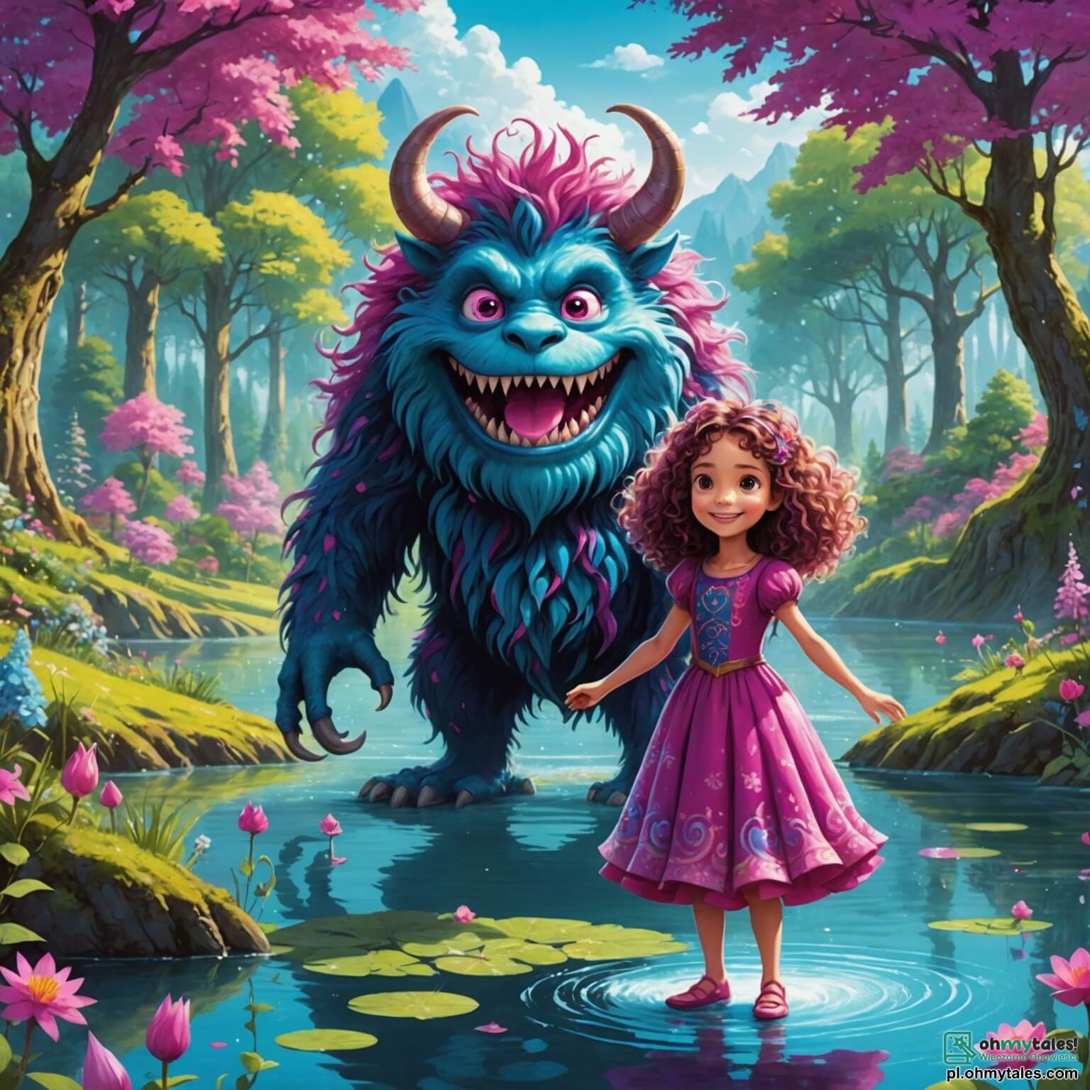 Une illustration destinée aux enfants représentant un monstre aux yeux scintillants et au pelage fuchsia, se tenant joyeusement au bord d'un lac étincelant, entouré de fleurs multicolores et de grands arbres aux troncs torsadés, tandis qu'une petite fille aux cheveux bouclés et à la robe bleu ciel s'approche avec un sourire émerveillé, prête à vivre une aventure magique dans cette forêt enchantée.
