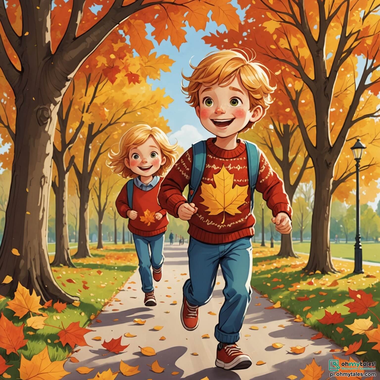 Une illustration destinée aux enfants représentant un garçon aux cheveux châtains et aux yeux pétillants de curiosité, vêtu d'un pull coloré, courant joyeusement dans un parc aux arbres majestueux aux feuilles dorées et rouges, où le doux parfum de la terre humide et des pommes mûres flotte dans l'air, tandis qu'il s'amuse à ramasser des feuilles croustillantes avec sa meilleure amie, une fille aux cheveux blonds et aux rires contagieux, tout en rêvant de délices sucrés préparés par sa grand-mère dans une maison en bois chaleureuse, entourée de potagers débordant de légumes colorés et de fleurs éclatantes, créant ainsi une scène automnale pleine de vie et de magie.
