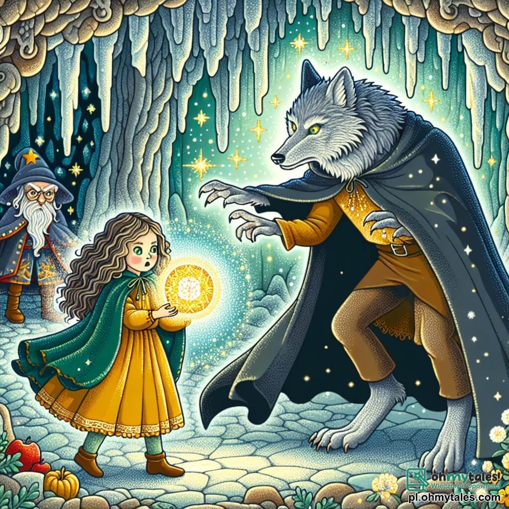 Une illustration sous forme de dessin destinée aux enfants représentant une jaskinia magique aux murs scintillants, où un loup-garou au pelage gris argenté et aux yeux brillants, debout avec détermination, protège une petite fille aux longs cheveux bouclés et aux yeux verts, qui tient un éclatant kamień magique dans ses mains, tandis qu'un sorcier menaçant, vêtu d'une robe sombre et d'une cape flottante, tente de s'emparer du kamień, créant une atmosphère de tension et d'aventure dans ce monde féerique.