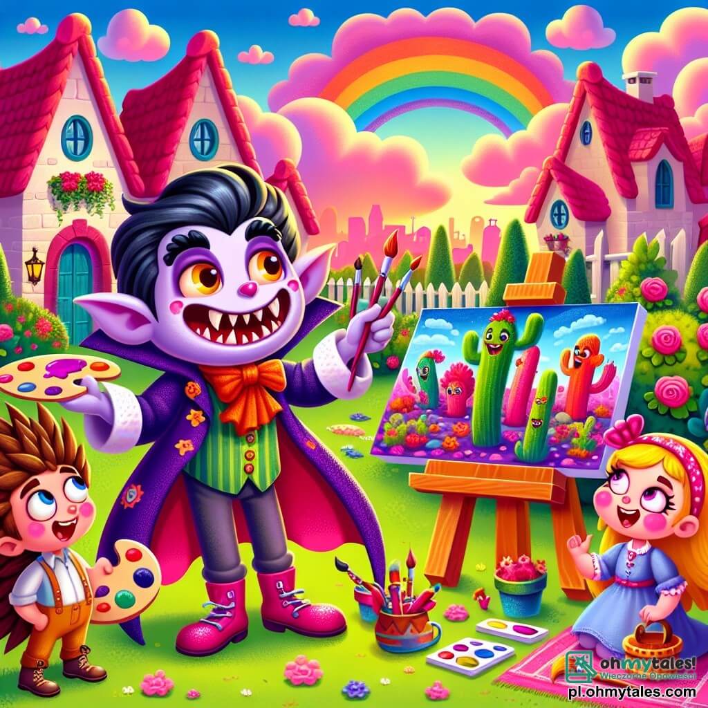 Une illustration sous forme de dessin destinée aux enfants représentant une scène colorée dans un village fantastique où le ciel est rose et la pelouse bleue, avec un vampire amical au grand sourire et aux dents amusantes, portant un tablier de peintre, en train de montrer ses tableaux vibrants à un garçon aux cheveux en forme de hérisson, accompagné d'une fille aux longues oreilles roses qui chante joyeusement, tandis qu'un cactus dansant les observe, le tout dans une ambiance de fête pleine de couleurs éclatantes et de rires.