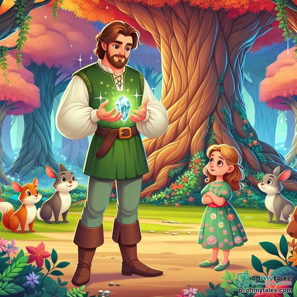 Une illustration sous forme de dessin destinée aux enfants représentant une forêt enchantée aux arbres gigantesques aux feuilles multicolores, où un homme aux cheveux bruns et à la barbe soignée, vêtu d'une tunique verte, se tient au centre, tenant un cristal brillant dans ses mains, tandis qu'une petite fille aux cheveux blonds et aux yeux pétillants, vêtue d'une robe en fleurs, observe avec émerveillement, et un groupe de petits animaux curieux, comme des lapins et des écureuils, s'approche timidement, illustrant le moment où le héros cherche à restaurer l'harmonie dans le royaume magique après avoir réalisé les conséquences de son vœu.