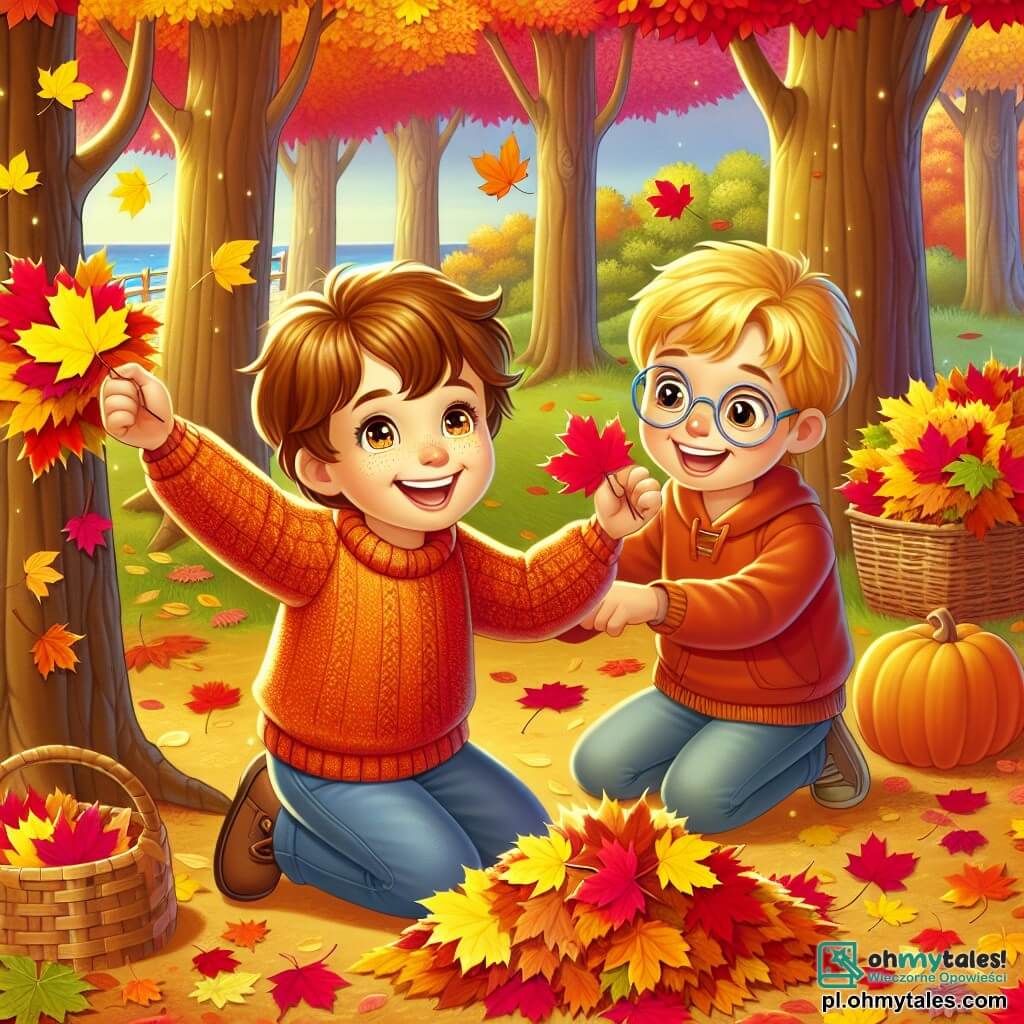 Une illustration sous forme de dessin destinée aux enfants représentant un parc automnal vibrant de couleurs chaudes, avec des arbres aux feuilles dorées et rouges, où un garçon de 9 ans aux cheveux bruns et aux yeux pétillants, vêtu d'un pull orange, s'active joyeusement à ramasser des feuilles colorées, tandis qu'à ses côtés, son ami, un autre garçon aux cheveux blonds et aux lunettes, l'encourage avec un grand sourire, tous deux s'apprêtant à créer une magnifique mozaïque de feuilles pour le concours du festival d'automne.