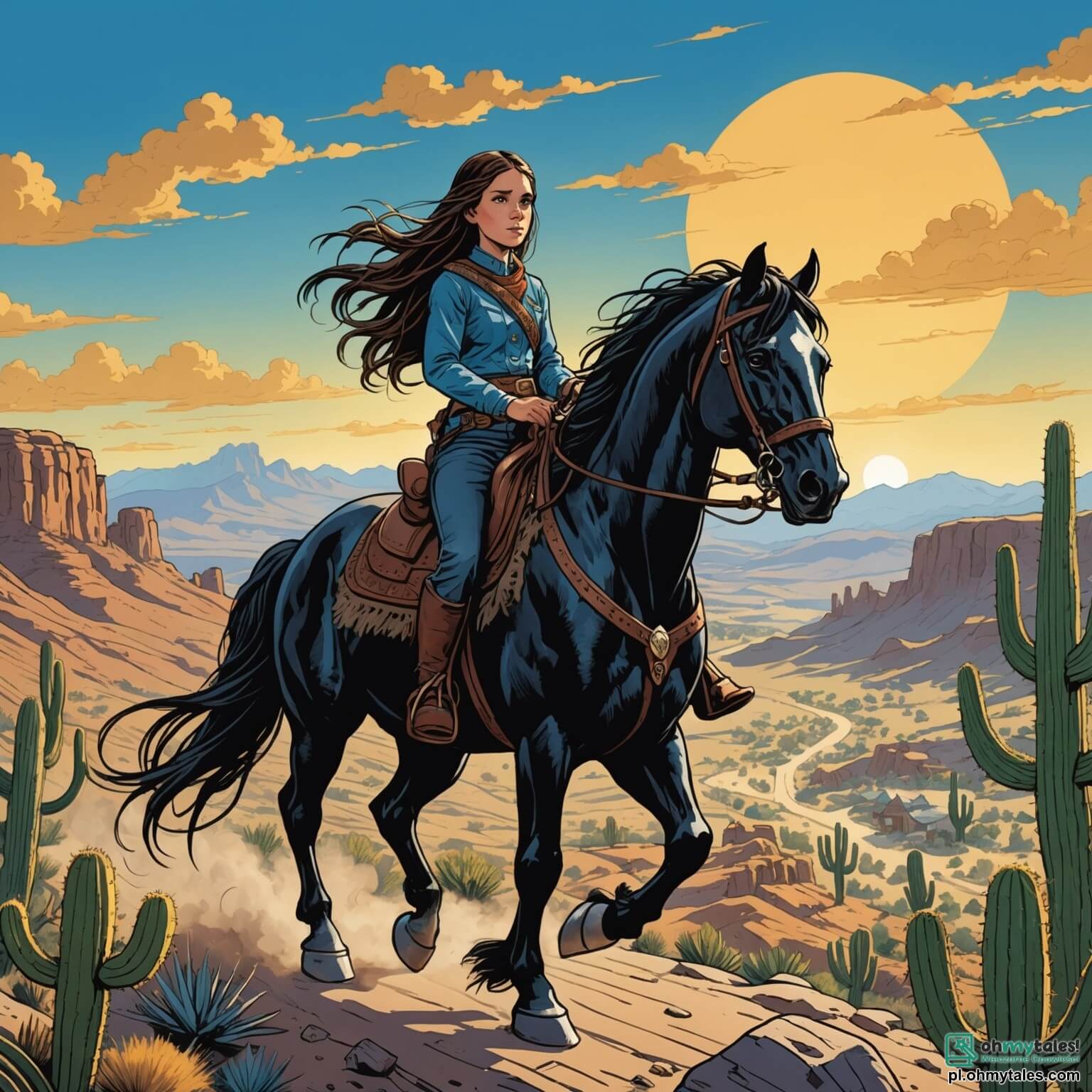 Une illustration destinée aux enfants représentant une jeune fille intrépide, aux longs cheveux bruns tressés, chevauchant fièrement son grand cheval noir au pelage lustré, dans le vaste paysage du Far West, où les collines dorées se mêlent à des cactus dressés comme des sentinelles sous un ciel bleu éclatant, tandis qu'elle se prépare à affronter une bande de bandits menaçants, entourée de courageux villageois, dont un garçon au regard pétillant d'audace et une femme âgée au visage ridé mais sage, tous unis pour défendre leur paisible miasteczko Hillcreek, où les rires des enfants résonnent et où l'odeur du cuir et du foin flotte dans l'air chaud du désert.