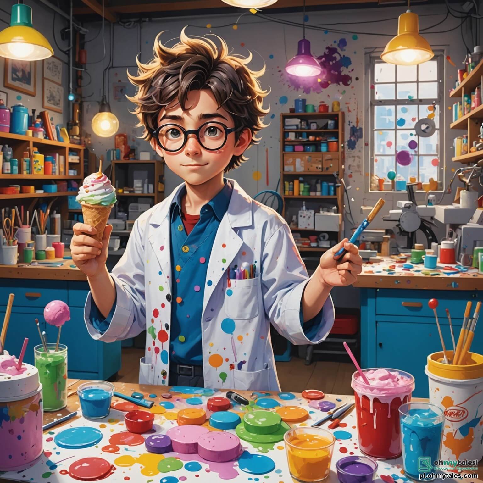 Une illustration destinée aux enfants représentant un homme aux cheveux ébouriffés et aux lunettes rondes, vêtu d'un long manteau de laboratoire taché de peinture et de colle, entouré de machines colorées aux formes étranges et aux lumières clignotantes dans son atelier débordant de croquis et de prototypes, où deux enfants, une fille aux couettes et un garçon aux lunettes, s'émerveillent devant une machine à faire des glaces qui crépite joyeusement, le tout se déroulant dans une pièce ensoleillée aux murs tapissés de posters de célèbres inventions, remplie de l'odeur sucrée des fruits frais et du doux bruit des engrenages en mouvement.