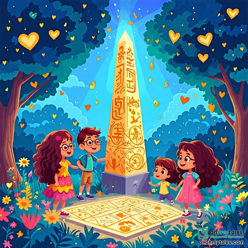 Ilustracja przedstawiająca magiczny park w żywych kolorach, gdzie drzewa mają liście w kształcie serca, a kwiaty śpiewają radosne melodie. W centrum znajduje się duży, lśniący obelisk, pokryty złotymi symbolami, emitujący ciepłe światło. Czwórka dzieci, dwie dziewczynki i dwóch chłopców, stoi przed obeliskiem. Dziewczynka z długimi, kręconymi włosami, mająca około 10 lat, nosi kolorową sukienkę i z ekscytacją patrzy na tajemniczą mapę. Chłopiec w złotych okularach, mający około 11 lat, wskazuje palcem na symbol na mapie, szeroko się uśmiechając. Druga dziewczynka, pełna energii, ma krótkie włosy i nosi koszulkę w wzory, skacze z radości, z uniesionymi rękami ku niebu. Najmłodszy chłopiec, mający około 9 lat, z okrągłymi, ciekawymi oczami, trzyma małą buteleczkę eliksiru śmiechu, zachwycony magią, która ich otacza. W tle chmurki w kształcie cukierków unoszą się na różowym niebie, a fantastyczne stworzenia latają wokół nich, dodając scenie odrobinę baśniowości. Atmosfera jest wypełniona radością i zachwytem, uchwycając ducha przygody i odkrywania opowieści.