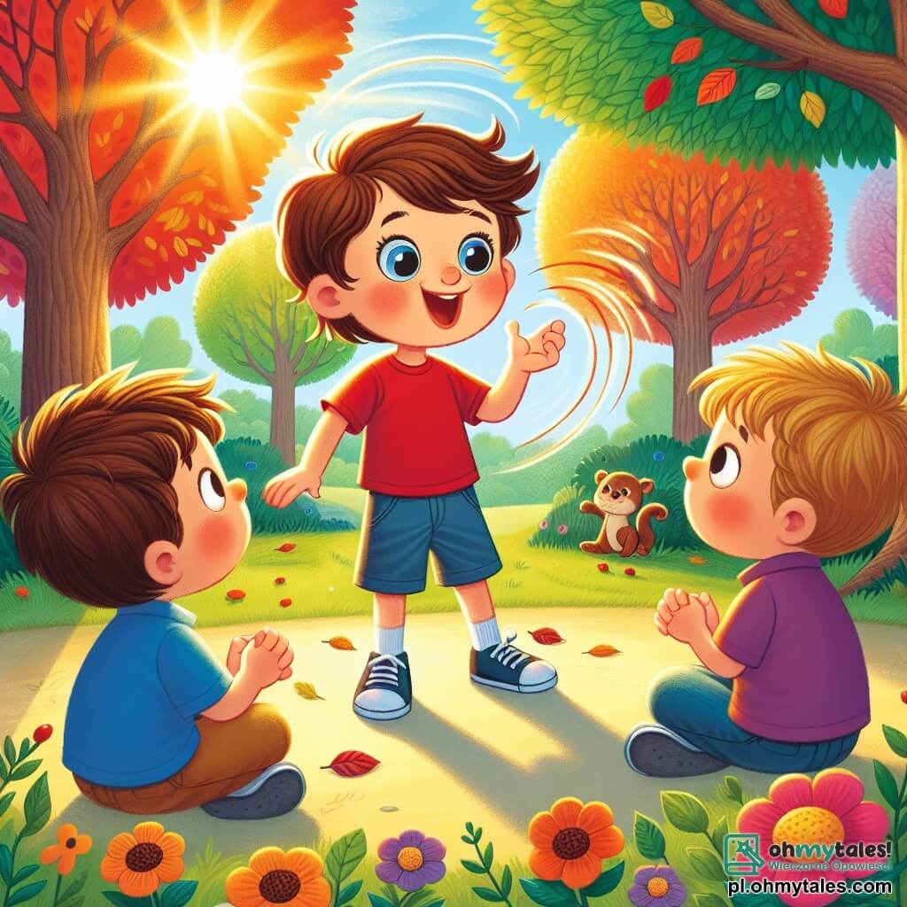 Une illustration sous forme de dessin destinée aux enfants représentant un parc ensoleillé avec des arbres colorés et des fleurs éclatantes, où un garçon de 5 ans aux cheveux châtains et aux yeux pétillants, vêtu d'un t-shirt rouge et de shorts bleus, se tient au centre, souriant et racontant une histoire à ses amis, deux garçons aux cheveux blonds et bruns, assis autour de lui, captivés par ses mots, tandis qu'une légère brise fait danser les feuilles des arbres, symbolisant l'imagination débordante et les conséquences des mensonges.