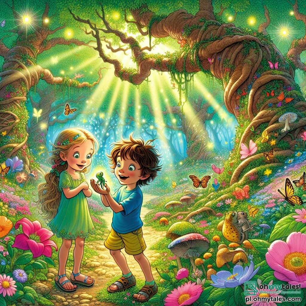 Ilustracja przedstawiająca magiczną scenę w zaczarowanym lesie, gdzie wysokie drzewa z krętymi pniami sięgają nieba, a ich jaskrawozielone liście filtrują promienie słońca, tworząc świetliste wzory na ziemi pokrytej kolorowymi kwiatami i miękkim mchem. W centrum tej sceny znajduje się 5-letni chłopiec z potarganymi brązowymi włosami i błyszczącymi oczami ciekawości, ubrany w niebieską koszulkę i żółte szorty. Klęczy, dokładnie badając małą zieloną żabkę, która zdaje się świecić w świetle. Obok niego stoi 6-letnia dziewczynka z długimi warkoczami blond włosów i błyszczącymi oczami, ubrana w różową sukienkę i sandały. Uśmiecha się, trzymając ręce na biodrach, z zachwytem obserwując żabkę. Główna sytuacja pokazuje dwoje dzieci w trakcie odkrywania, otoczonych jaskrawymi kwiatami i kolorowymi motylami, odkrywających magiczny świat pełen niespodzianek. Dodatkowe szczegóły obejmują migoczące świetliki w powietrzu, dodające odrobinę magii do atmosfery, oraz małego zielonego smoka siedzącego na gałęzi, który z ciekawością je obserwuje.
