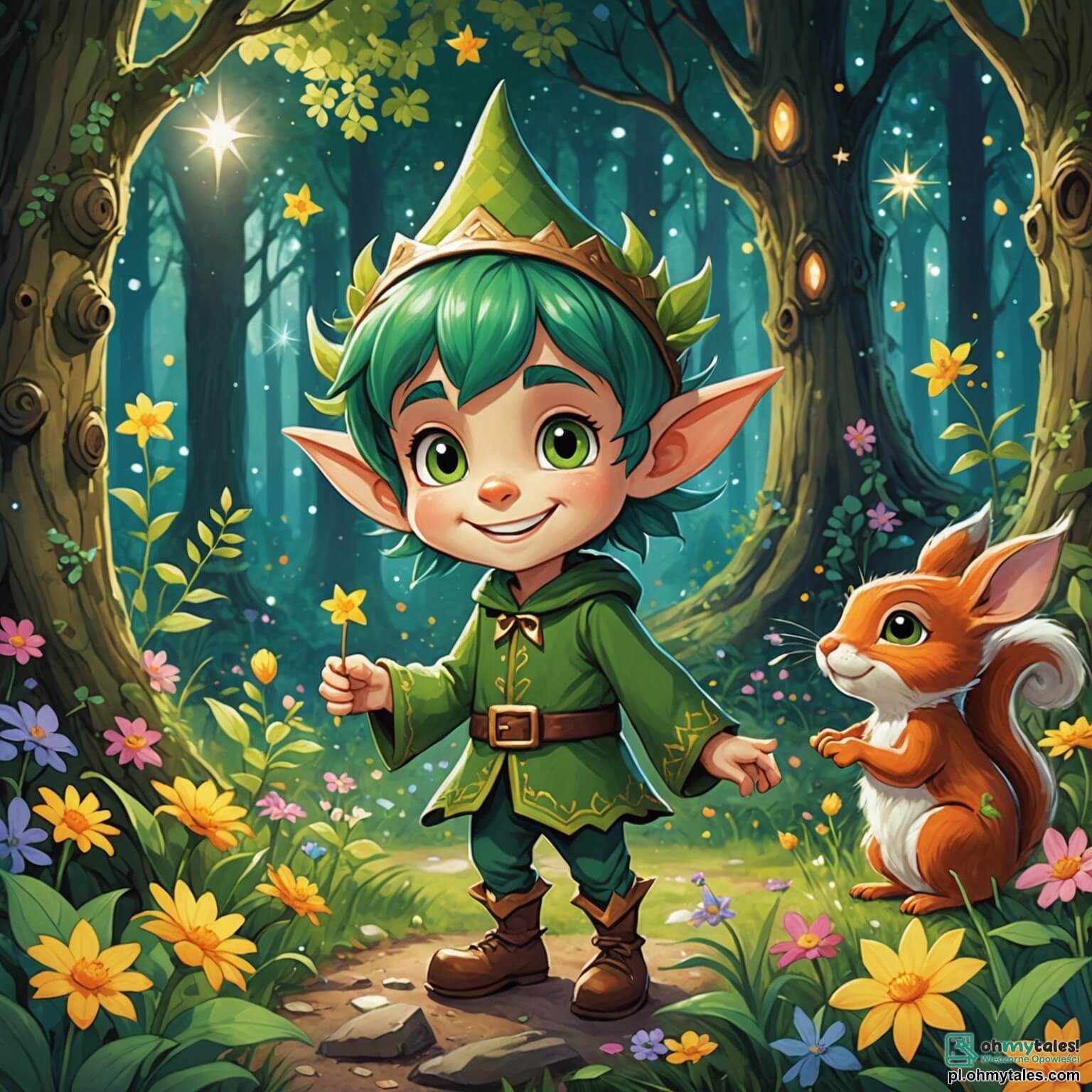 Une illustration destinée aux enfants représentant un lutin espiègle aux cheveux verts en bataille, avec un grand sourire et des oreilles pointues, qui se retrouve dans une forêt enchantée où les arbres dansent au rythme d'une douce mélodie, entouré de fleurs multicolores qui scintillent comme des étoiles, tandis qu'un petit écureuil curieux, son ami fidèle, l'observe avec des yeux pétillants de malice.