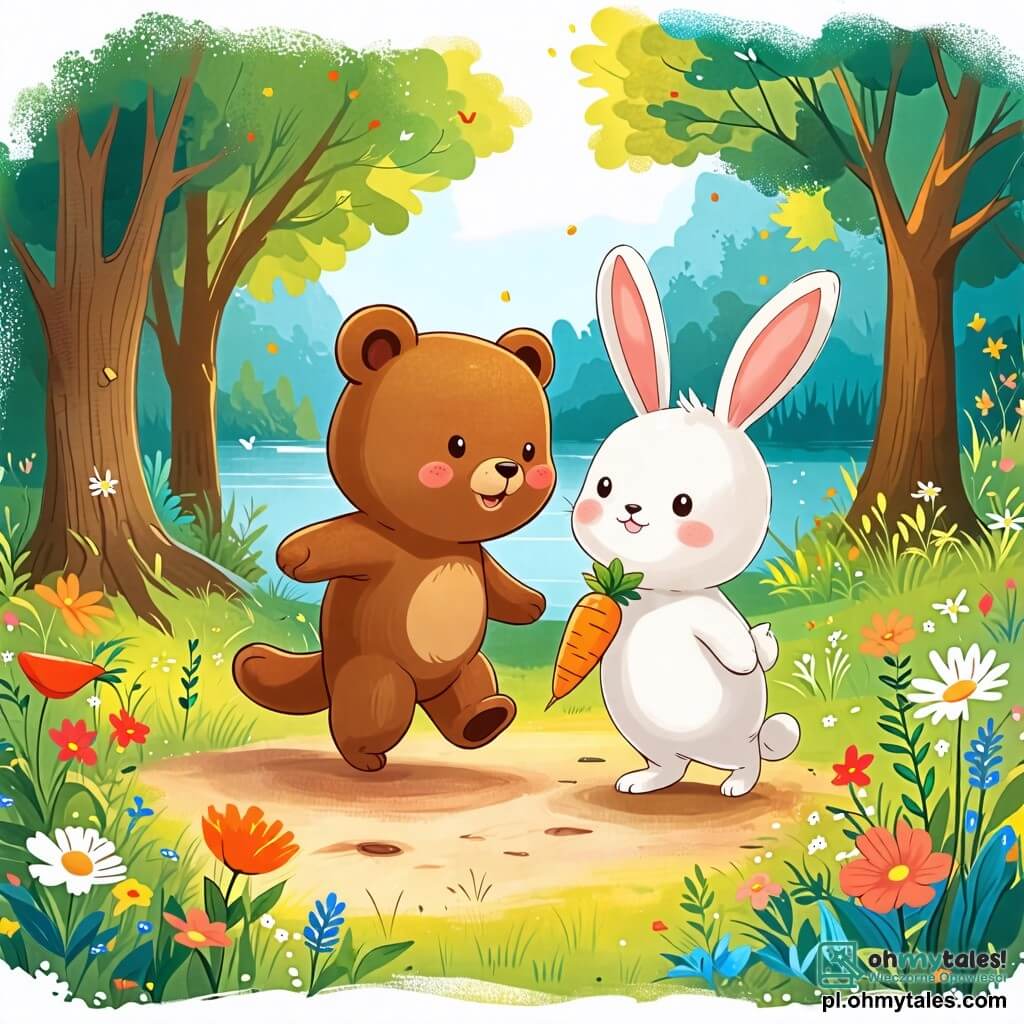 Une illustration sous forme de dessin destinée aux enfants représentant une clairière ensoleillée dans une forêt verdoyante, où une petite ourse brune aux yeux pétillants et au sourire joyeux se prépare à courir vers un lac scintillant, tandis qu'un zélé lapin aux grandes oreilles et à la fourrure blanche, tenant une carotte dans ses pattes, se tient à ses côtés, tous deux prêts à participer à une course amicale, entourés de fleurs colorées et d'arbres majestueux.