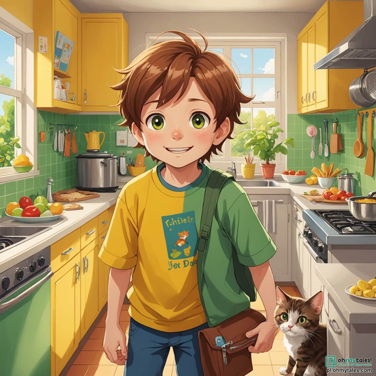 Une illustration destinée aux enfants représentant un petit garçon aux cheveux châtains et aux yeux pétillants de malice, se tenant dans une cuisine ensoleillée aux murs jaunes ornés de dessins colorés et de photos de famille, où il s'affaire joyeusement à préparer une surprise pour son papa, entouré de sa maman aux longs cheveux bruns qui l'encourage avec un sourire chaleureux, tandis qu'un chat aux poils gris et aux yeux verts, allongé paresseusement sur le comptoir, observe la scène avec curiosité, le tout dans une ambiance remplie de rires et de l'odeur sucrée d'un gâteau au chocolat qui cuit lentement dans le four.