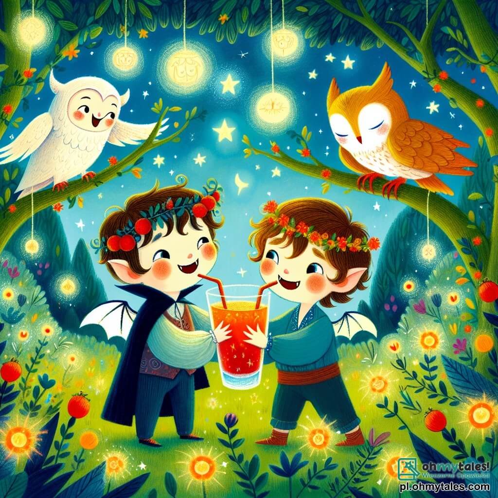 Une illustration sous forme de dessin destinée aux enfants représentant un jardin magique rempli de fleurs lumineuses et d'arbres dansants, où un petit vampire aux yeux pétillants et aux ailes délicates, avec un sourire amical, partage un verre de jus de fruits avec deux jeunes garçons aux cheveux bruns, l'un curieux et l'autre joyeux, tandis qu'une sage chouette aux plumes dorées les observe depuis une branche, le tout dans une atmosphère de joie et d'amitié, illustrant le moment où ils surmontent leurs peurs pour célébrer leur nouvelle amitié.