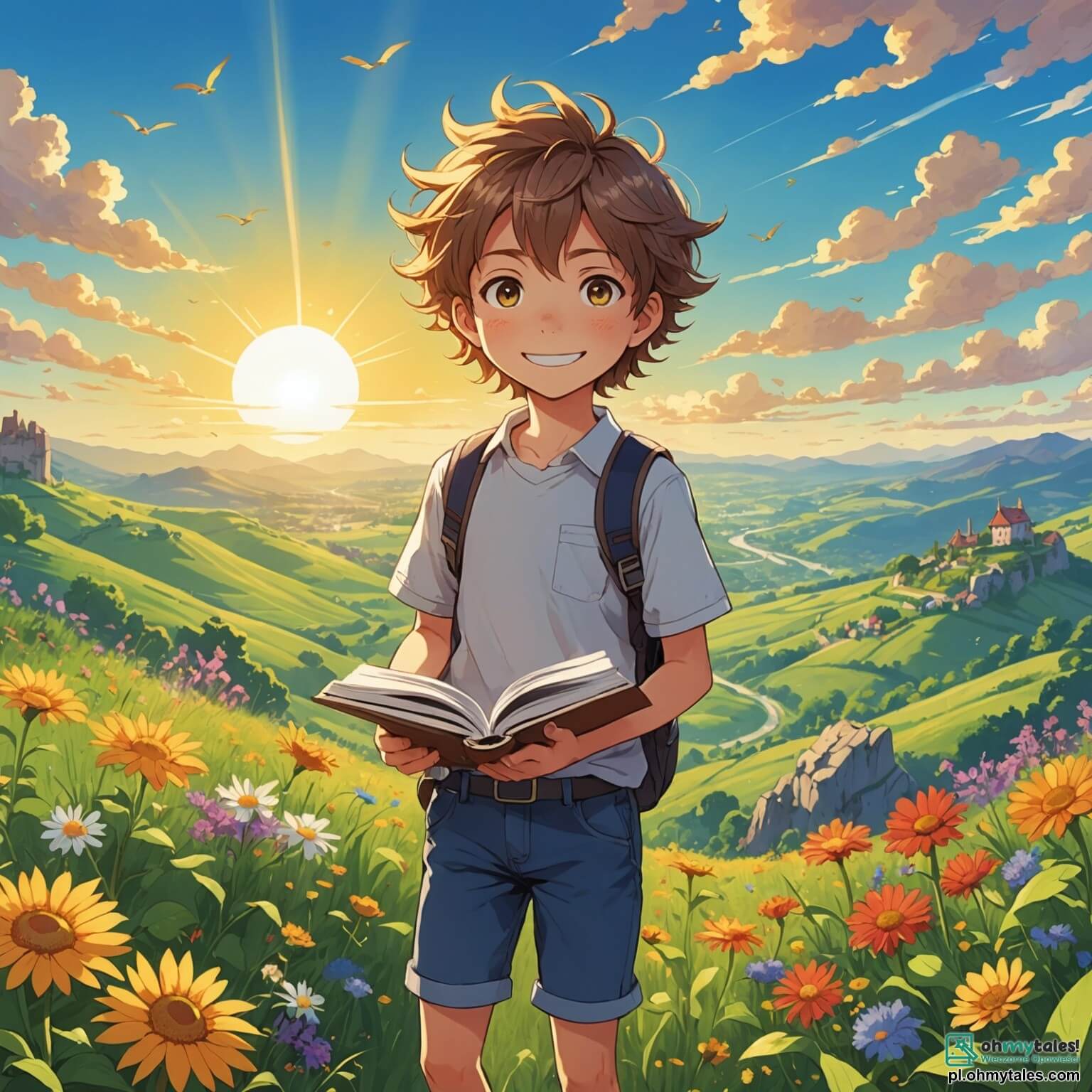 Une illustration destinée aux enfants représentant un garçon de 10 ans aux yeux pétillants de curiosité, avec des cheveux ébouriffés par le vent, se tenant sur un vaste et verdoyant sommet de colline, entouré de fleurs colorées dansant sous les rayons dorés du soleil, tandis qu'il tient un carnet de croquis rempli de dessins de plantes et d'animaux, aux côtés de sa meilleure amie, une fille au sourire éclatant, qui l'encourage à explorer les merveilles de la nature, alors qu'ils s'apprêtent à découvrir les secrets d'une forêt enchantée, où les arbres majestueux, aux troncs noueux et aux feuillages luxuriants, murmurent des histoires anciennes sur l'importance de protéger leur écosystème fragile.