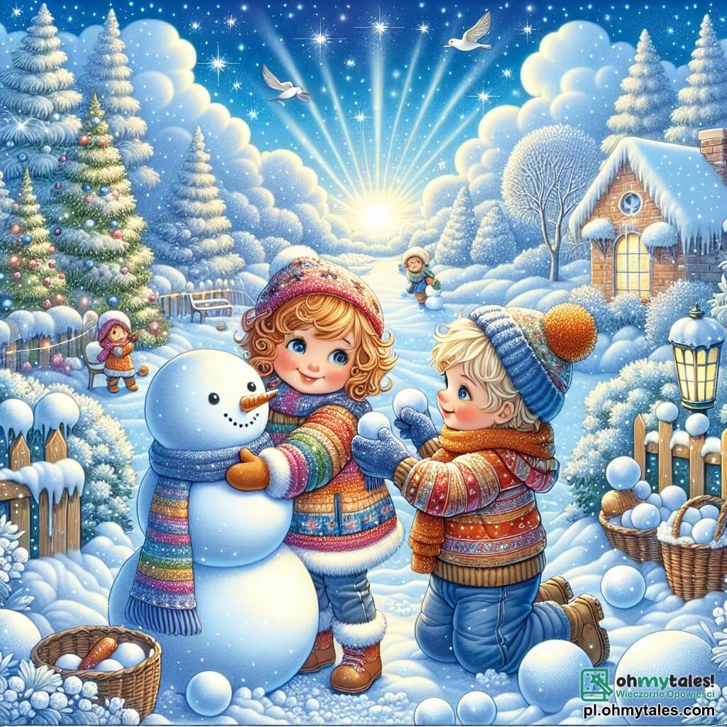 Une illustration sous forme de dessin destinée aux enfants représentant un paysage hivernal féerique avec un jardin recouvert de neige scintillante, où une petite fille de 5 ans aux cheveux bouclés et aux joues roses, vêtue d'une veste colorée et d'une écharpe tricotée, s'amuse à construire un grand bonhomme de neige, tandis qu'un garçon de 6 ans aux cheveux blonds et portant une combinaison bleue l'aide en rassemblant des boules de neige, le tout sous un ciel bleu clair parsemé de flocons de neige tombants, illustrant la joie et l'amitié pendant une journée d'hiver magique.
