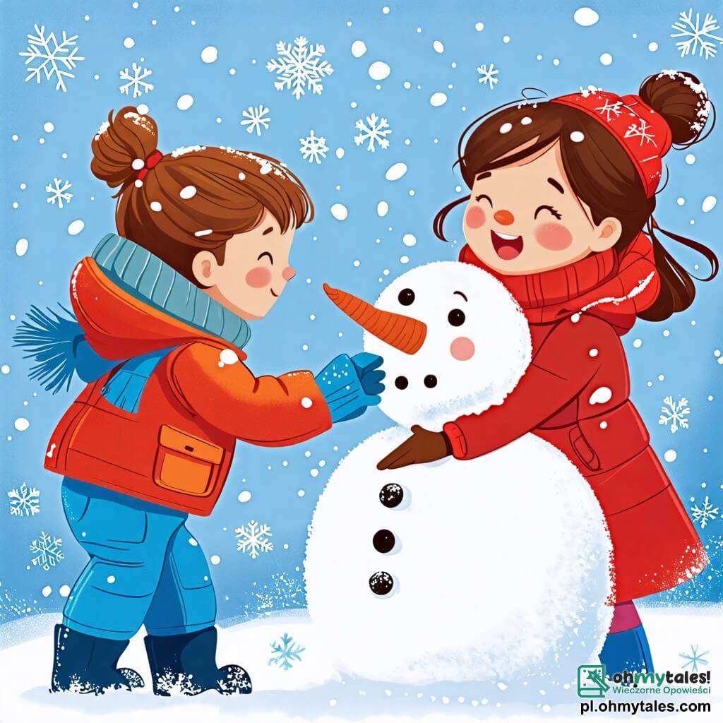 Une illustration sous forme de dessin destinée aux enfants représentant un paysage hivernal féérique avec des flocons de neige tombant doucement, où un garçon de 2 ans aux cheveux châtains, vêtu d'un vibrant kombinezon bleu, s'amuse à rouler une boule de neige pour construire un baigneur, tandis qu'une maman souriante, aux cheveux bruns attachés en chignon et habillée d'un manteau rouge, l'encourage joyeusement à côté d'un baigneur déjà formé, le tout baigné dans une lumière douce et chaleureuse, évoquant la magie des journées d'hiver passées en famille.