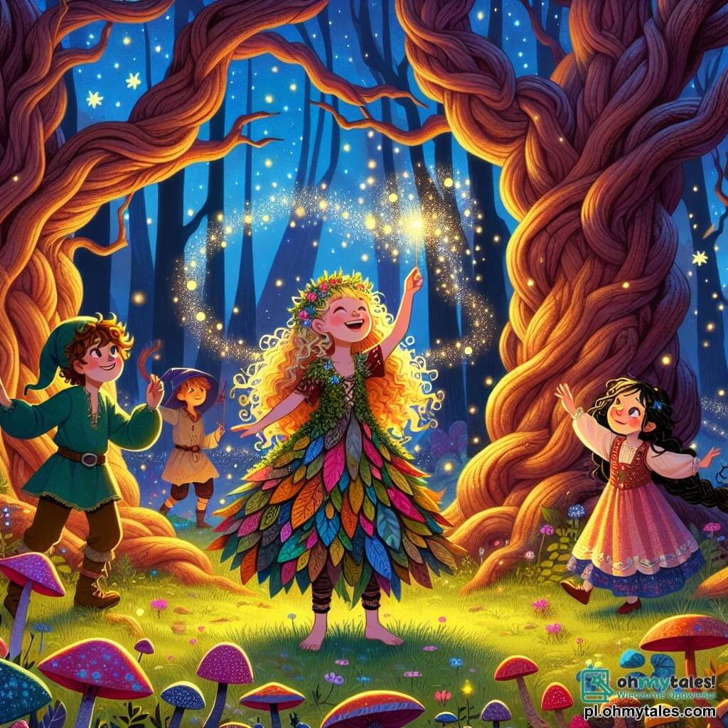 Ilustracja przedstawiająca magiczną scenę w zaczarowanym lesie, gdzie wysokie drzewa o skręconych pniach wznoszą się ku gwiaździstemu niebu, oświetlonemu migoczącymi świetlikami. W centrum młoda czarodziejka o złotych, kręconych włosach, ubrana w suknię zrobioną z liści i kolorowych kwiatów, podnosi rękę, aby uwolnić chmurę świetlistych motyli, które tańczą wokół niej, a jej twarz promienieje radością i koncentracją. Obok niej dwójka przyjaciół: chłopiec w wieku około dziesięciu lat, z rozczochranymi brązowymi włosami, ubrany w niebieską tunikę, który z zachwytem obserwuje motyle, oraz dziewczynka w jej wieku, z długimi czarnymi warkoczami, ubrana w zieloną sukienkę, trzymająca małą różdżkę i uśmiechająca się z entuzjazmem. Scena emanuje atmosferą przyjaźni i zachwytu, z błyskami światła i żywymi kolorami, które przywołują magię i przygodę. Wiele kolorowych kwiatów i dziwacznych grzybów pokrywa ziemię, dodając do bajkowego piękna tego zaczarowanego miejsca.