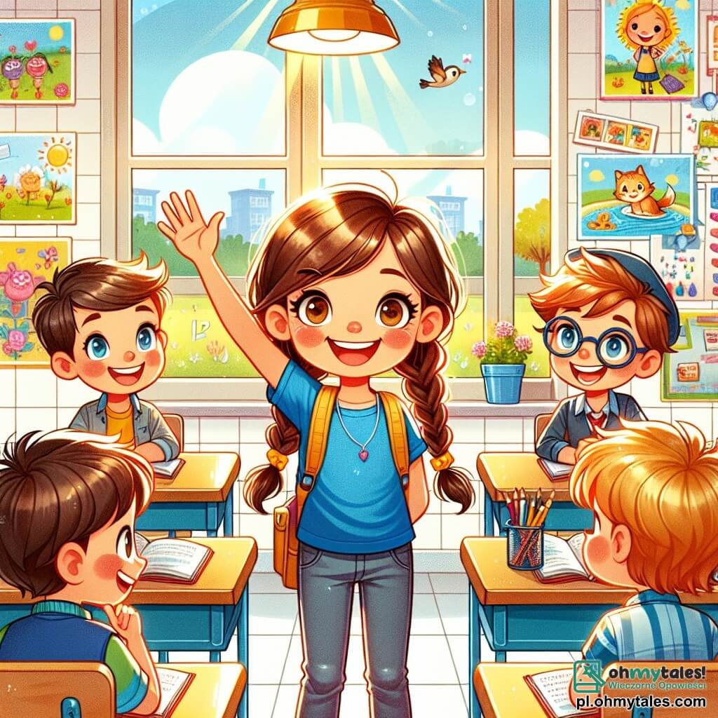 Une illustration sous forme de dessin destinée aux enfants représentant une classe colorée et ensoleillée, avec des murs décorés de dessins d'élèves, où une fille de 9 ans aux longs cheveux bruns tressés, portant un t-shirt bleu et un jean, se tient debout avec un grand sourire, levant la main pour poser une question, tandis qu'à ses côtés, deux garçons aux cheveux châtains, l'un portant des lunettes et l'autre un chapeau, écoutent attentivement, tous entourés de livres et de fournitures scolaires, illustrant l'excitation d'une annonce de sortie scolaire dans une ambiance joyeuse et studieuse.