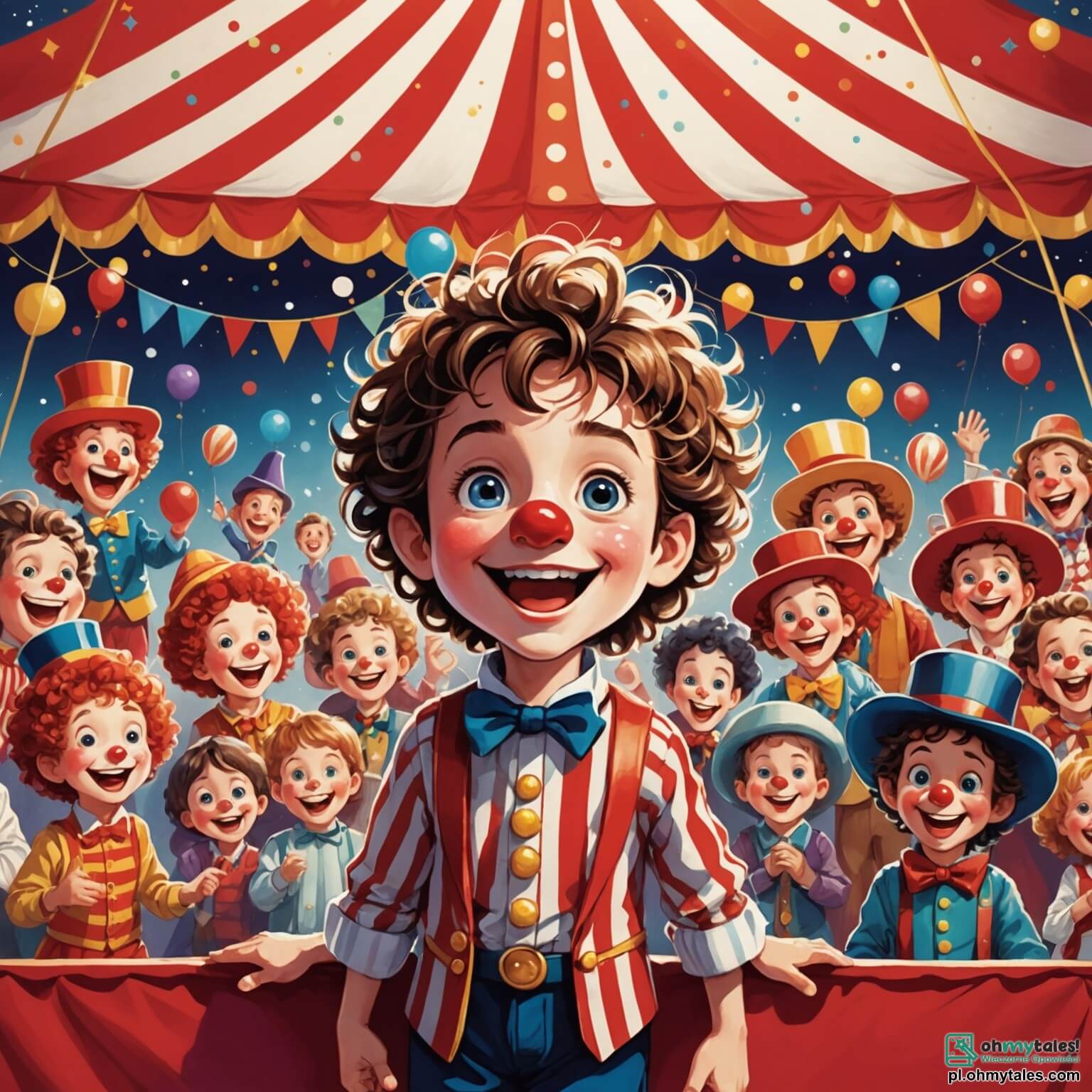 Une illustration destinée aux enfants représentant un petit garçon aux yeux pétillants et aux cheveux en bataille, débordant d'excitation alors qu'il assiste à un spectacle de cirque coloré sous un grand chapiteau rayé de rouge et de blanc, où des jongleurs en costumes scintillants et un clown au nez rouge, joyeux et farceur, animent la scène avec des rires et des acrobaties, créant une atmosphère magique et pleine de vie.