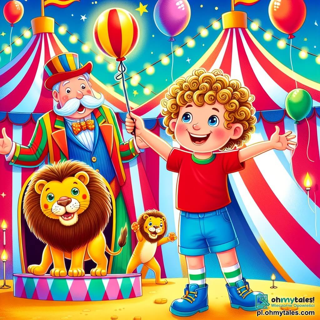 Une illustration sous forme de dessin destinée aux enfants représentant un grand cirque coloré avec des tentes rayées et des ballons flottants dans le ciel bleu, où un garçon de 4 ans aux cheveux bouclés et aux yeux pétillants, vêtu d'un t-shirt rouge et d'un short bleu, s'apprête à appeler des lions sur scène avec un grand sourire, tandis qu'un homme jovial en costume coloré et chapeau haut de forme, tenant une cravache, l'encourage avec enthousiasme, le tout baignant dans une ambiance joyeuse et festive, remplie de rires et d'applaudissements de la foule.