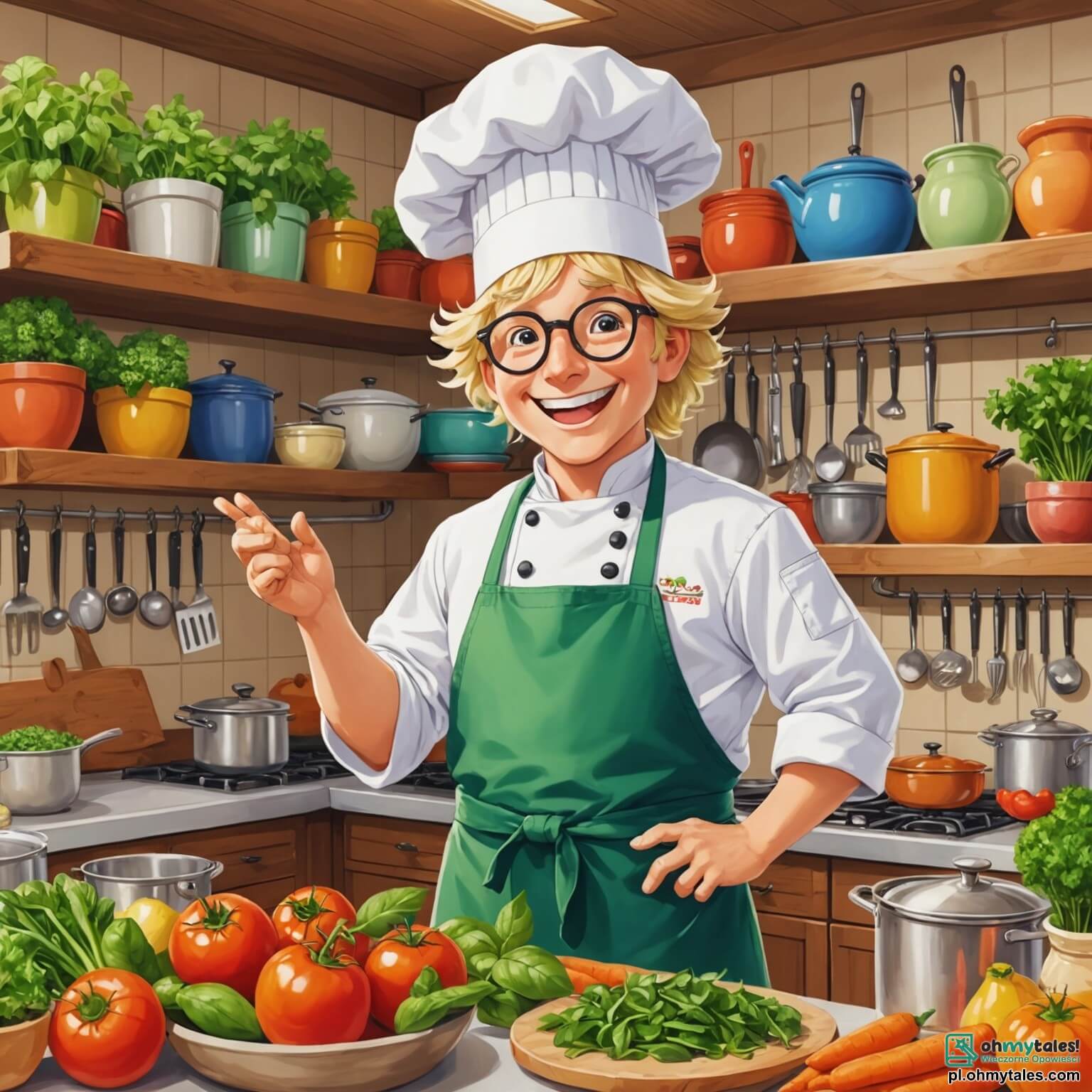 Une illustration destinée aux enfants représentant un chef cuisinier jovial, un homme à la stature imposante et au sourire éclatant, vêtu d'une toque blanche majestueuse et d'un tablier coloré, se tenant dans une cuisine animée et lumineuse, où les murs sont ornés de pots d'herbes aromatiques et de tableaux de recettes, tandis que des enfants, dont une fille aux cheveux dorés et un garçon curieux aux lunettes, l'entourent avec des yeux pétillants d'excitation, prêts à apprendre à concocter des pizzas magiques pour un grand festin, le tout baigné dans l'arôme enivrant des ingrédients frais et des épices qui dansent dans l'air.