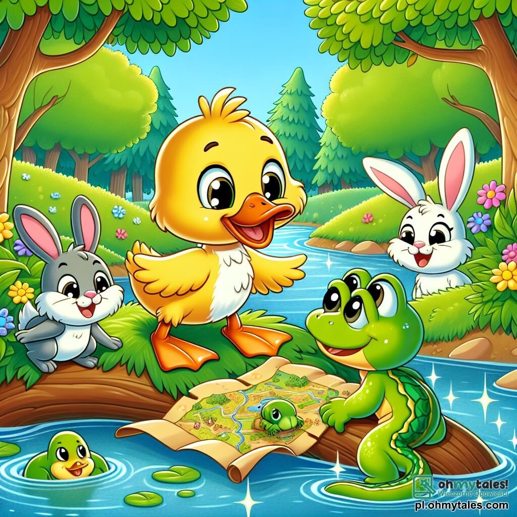 Une illustration sous forme de dessin destinée aux enfants représentant un charmant jeune canard aux plumes jaunes et au bec orange, se tenant sur une branche au-dessus d'une rivière scintillante, entouré de ses amis : une petite grenouille verte aux grands yeux curieux, un serpent aux écailles brillantes et un lapin aux grandes oreilles blanches, tous riant ensemble alors qu'ils découvrent une vieille carte au trésor, avec des arbres verdoyants et des fleurs colorées en arrière-plan, évoquant une atmosphère de joie et d'aventure.