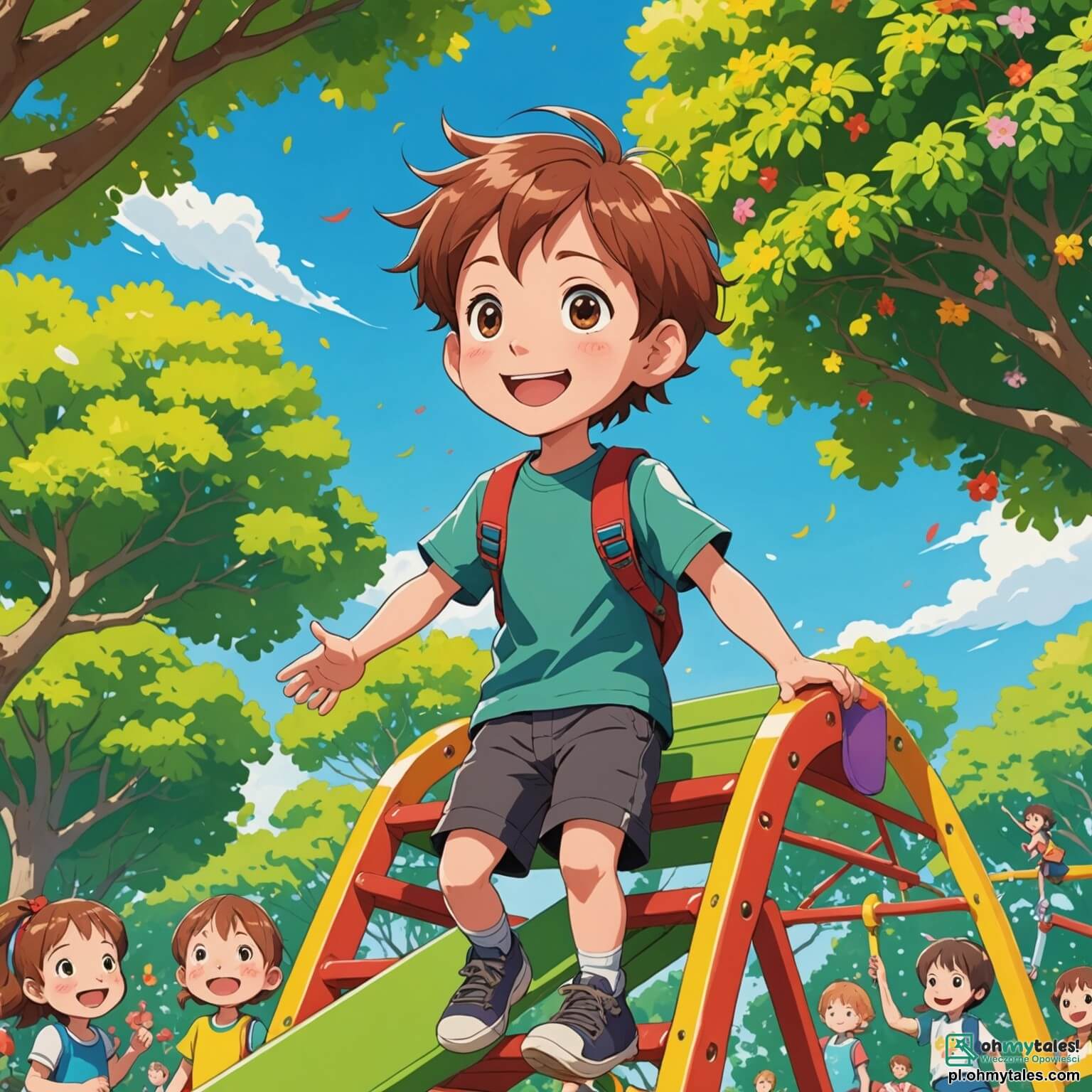 Une illustration destinée aux enfants représentant un petit garçon aux cheveux châtains, débordant de curiosité et d'énergie, se tenant au sommet d'une grande structure de jeux colorée dans un parc ensoleillé, entouré de rires d'autres enfants, dont une fille aux couettes qui l'encourage avec un sourire éclatant, tandis que des arbres majestueux aux feuilles vertes dansent doucement au gré du vent, et des fleurs multicolores parsèment le sol, créant un tableau vivant où ce garçon, bien que parfois hésitant face à ses propres doutes, découvre peu à peu la force de croire en lui-même à travers des aventures de jeux et de créativité.