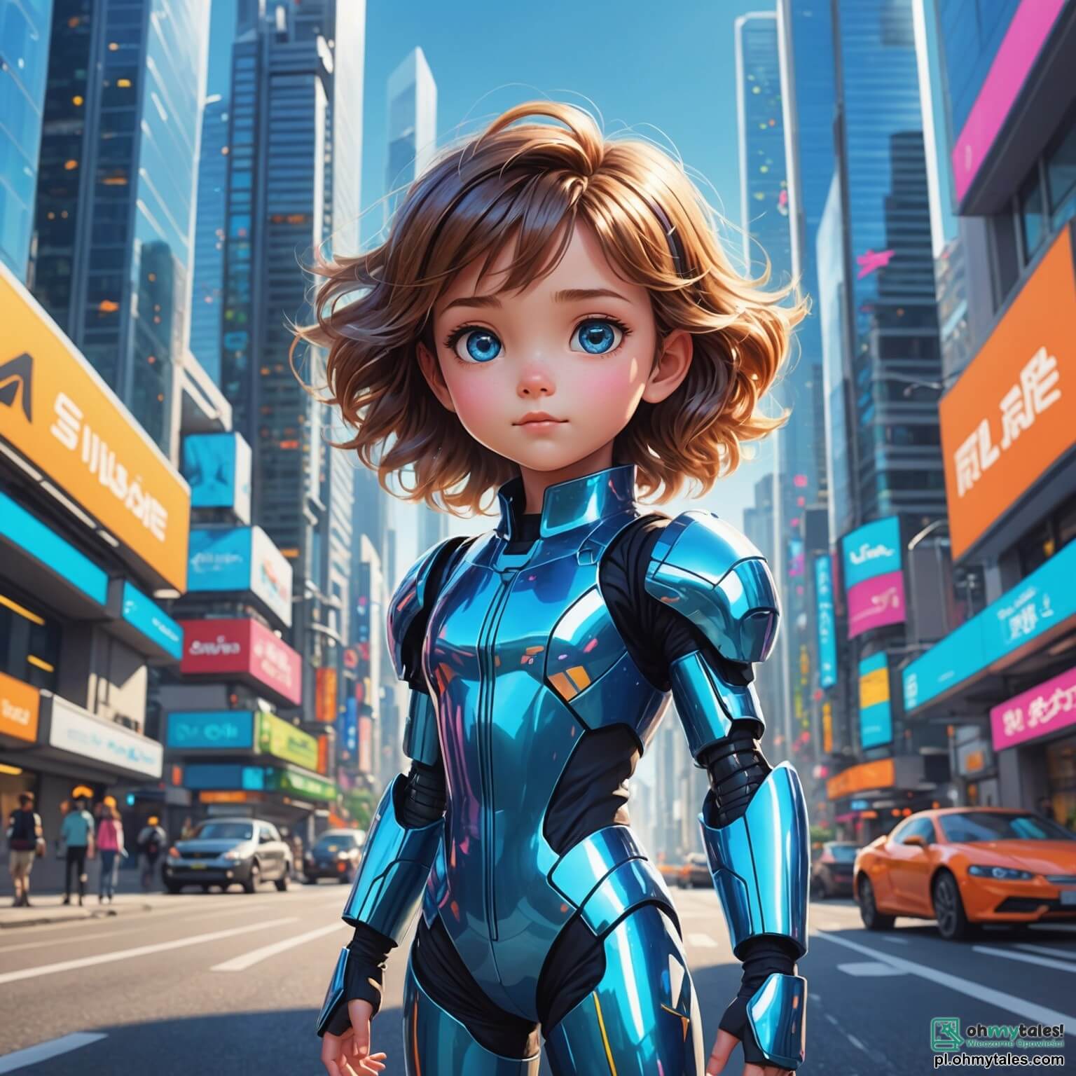 Une illustration destinée aux enfants représentant une petite fille aux cheveux ébouriffés et aux yeux pétillants, vêtue d'une combinaison futuriste scintillante, se tenant au bord d'une rue animée d'une ville futuriste où des voitures volantes aux couleurs vives dansent dans le ciel bleu azur, entourée de gratte-ciels en verre aux formes audacieuses qui reflètent le soleil, tandis qu'elle observe avec émerveillement un robot amical, qui ressemble à un petit chien aux yeux lumineux, l'aidant à réparer un vaisseau spatial en panne, tout en étant accompagnée de ses deux amis, un garçon curieux aux lunettes rondes et une fille pétillante avec des tresses colorées, tous trois prêts à vivre une aventure palpitante dans ce monde technologique et vibrant.