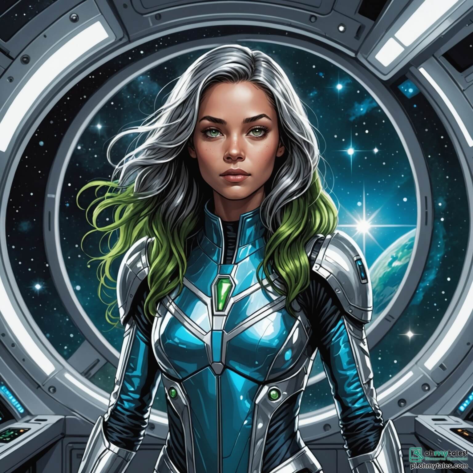 Une illustration destinée aux enfants représentant une jeune femme audacieuse aux cheveux flottants comme des étoiles scintillantes, vêtue d'une combinaison spatiale étincelante, se tenant fièrement dans son vaisseau spatial aux parois argentées et aux lumières clignotantes, alors qu'elle s'apprête à résoudre un conflit intergalactique entre deux races extraterrestres, les Zyloni, des créatures élancées aux peaux bleu azur et aux bras longs, et les Grakowie, des êtres verts aux grands yeux curieux, sur la planète vibrante de couleurs vives et de paysages fantastiques de Nova Terra, où les maisons flottent dans les nuages et les jardins regorgent de fleurs luminescentes dans un ciel parsemé de galaxies lointaines.