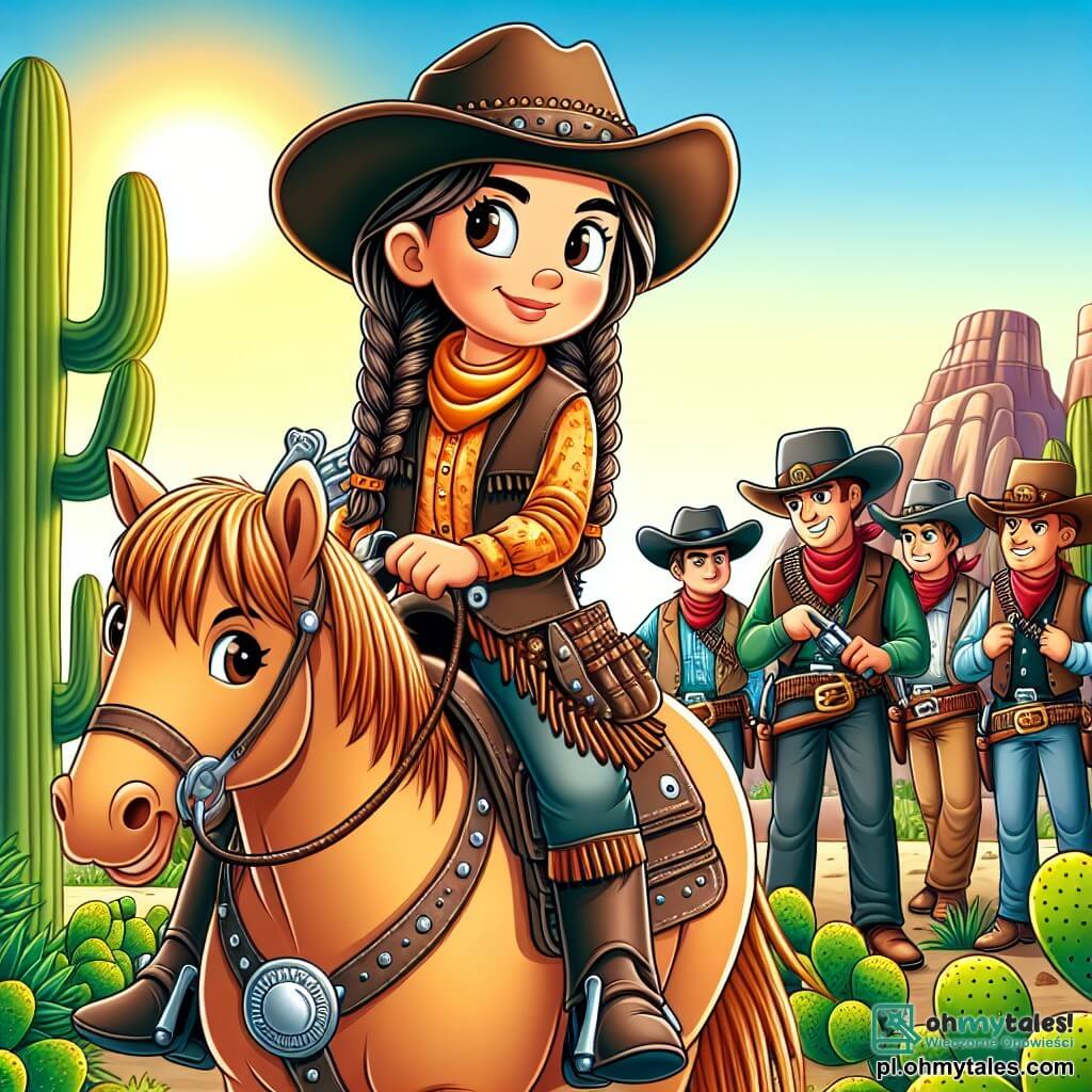 Une illustration sous forme de dessin destinée aux enfants représentant une scène ensoleillée dans une petite ville du Far West, avec une jeune cowgirl aux longs cheveux bruns tressés, portant un chapeau de cowboy et un gilet en cuir, qui se tient fièrement sur son cheval, Cudak, tandis qu'elle regarde avec détermination un groupe de garçons, ses amis, qui l'entourent, tous vêtus de vêtements de cowboy, en train de planifier leur stratégie pour récupérer des jouets volés par des bandits, avec des cactus et des montagnes en arrière-plan, créant une ambiance d'aventure et de camaraderie.