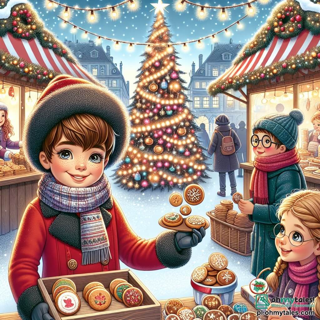 Une illustration sous forme de dessin destinée aux enfants représentant un marché de Noël animé, avec une grande et lumineuse choinka décorée de guirlandes scintillantes au centre, où un garçon de 11 ans aux cheveux châtains et aux yeux pétillants, vêtu d'un manteau rouge et d'une écharpe, sourit en vendant des biscuits faits maison, tandis qu'à ses côtés, une fille aux cheveux blonds tressés et un garçon aux lunettes rondes l'aident en tenant des pancartes colorées pour attirer les passants, le tout dans une ambiance chaleureuse et festive, symbolisant l'esprit de partage et de solidarité de Noël.