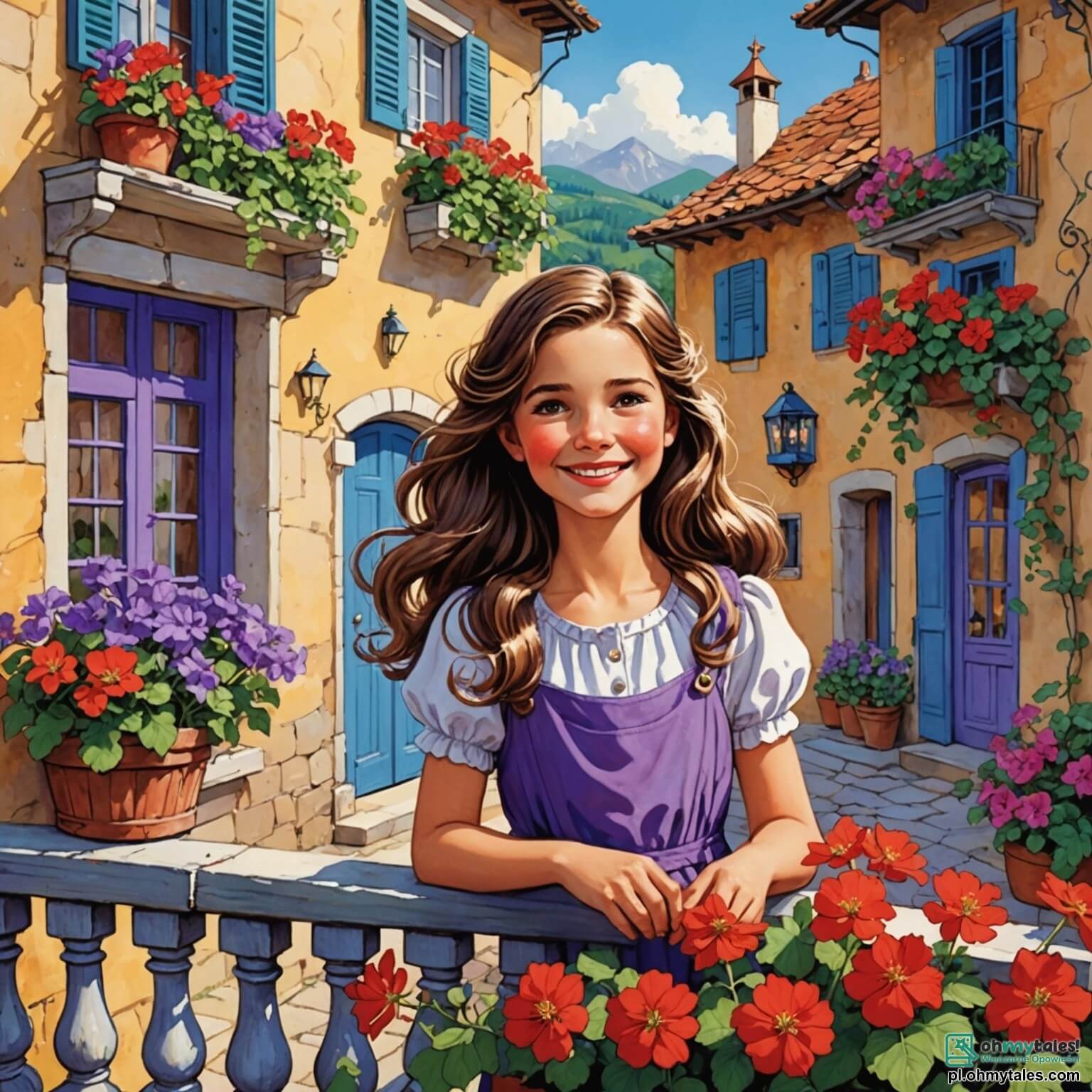 Une illustration destinée aux enfants représentant une femme au sourire éclatant, avec de longs cheveux ondulés scintillant comme des étoiles, se tenant sur un charmant balcon fleuri de géraniums rouges et de lavande violette, prête à chanter une mélodie envoûtante pour les habitants d'un petit village pittoresque aux maisons colorées, où deux petites filles aux yeux pétillants de curiosité, l'une brune et l'autre blonde, l'écoutent avec admiration, rêvant de devenir elles aussi des chanteuses, tandis que le soleil couchant baigne le paysage d'une lumière dorée et que les oiseaux chantent en chœur dans le ciel azur.