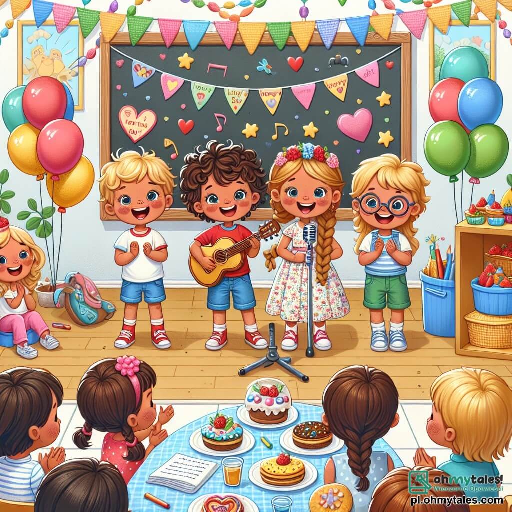 Ilustracja przedstawiająca radośnie udekorowaną klasę z okazji Dnia Matki. Ściany ozdobione są kolorowymi balonami i papierowymi girlandami, a duża tablica pokryta rysunkami dzieci. W centrum stoi grupa trzech dzieci na małej drewnianej scenie: chłopiec w wieku siedmiu lat z kręconymi włosami i błyszczącymi oczami, ubrany w czerwoną koszulkę i niebieskie szorty, trzyma plastikową gitarę i entuzjastycznie śpiewa. Obok niego dziewczynka w wieku siedmiu lat z długimi, warkoczami brązowymi włosami, ubrana w kwiecistą sukienkę, klaska z szerokim uśmiechem, podczas gdy inny chłopiec w wieku siedmiu lat, z blond włosami i okularami, śmieje się, trzymając mikrofon zabawkowy. Otaczają ich mamy, które z zachwytem i promiennymi uśmiechami obserwują swoje dzieci. Na pobliskim stole znajdują się talerze z pysznymi ciasteczkami w kształcie serc i gwiazdek, z małym napisem "Kocham moją mamę". Atmosfera wypełniona jest radością, śmiechem i miłością, uchwycając ducha Dnia Matki.