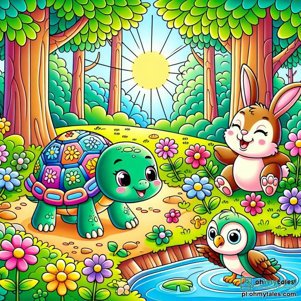 Une illustration sous forme de dessin destinée aux enfants représentant une clairière ensoleillée au cœur d'une forêt verdoyante, où une petite tortue à la carapace ornée de motifs colorés, curieuse et souriante, explore joyeusement les fleurs autour d'elle, tandis qu'un joyeux lapin aux grandes oreilles et une sage chouette aux plumes douces l'observent avec amusement, tous trois prêts à vivre une aventure ensemble au bord d'un lac scintillant.