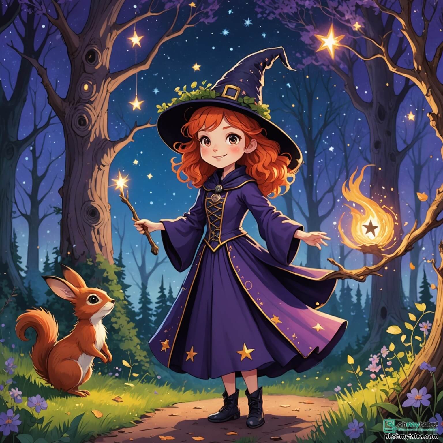 Une illustration destinée aux enfants représentant une apprentie sorcière aux cheveux flamboyants, vêtue d'une robe étoilée et d'un chapeau pointu, se tenant au milieu d'une forêt enchantée, où les arbres aux troncs torsadés et aux feuilles scintillantes dansent sous un ciel violet parsemé d'étoiles filantes, tandis qu'un joyeux écureuil aux yeux malicieux, son fidèle compagnon, l'observe de derrière un buisson fleuri, alors qu'elle cherche désespérément des ingrédients magiques pour concocter une potion amusante.