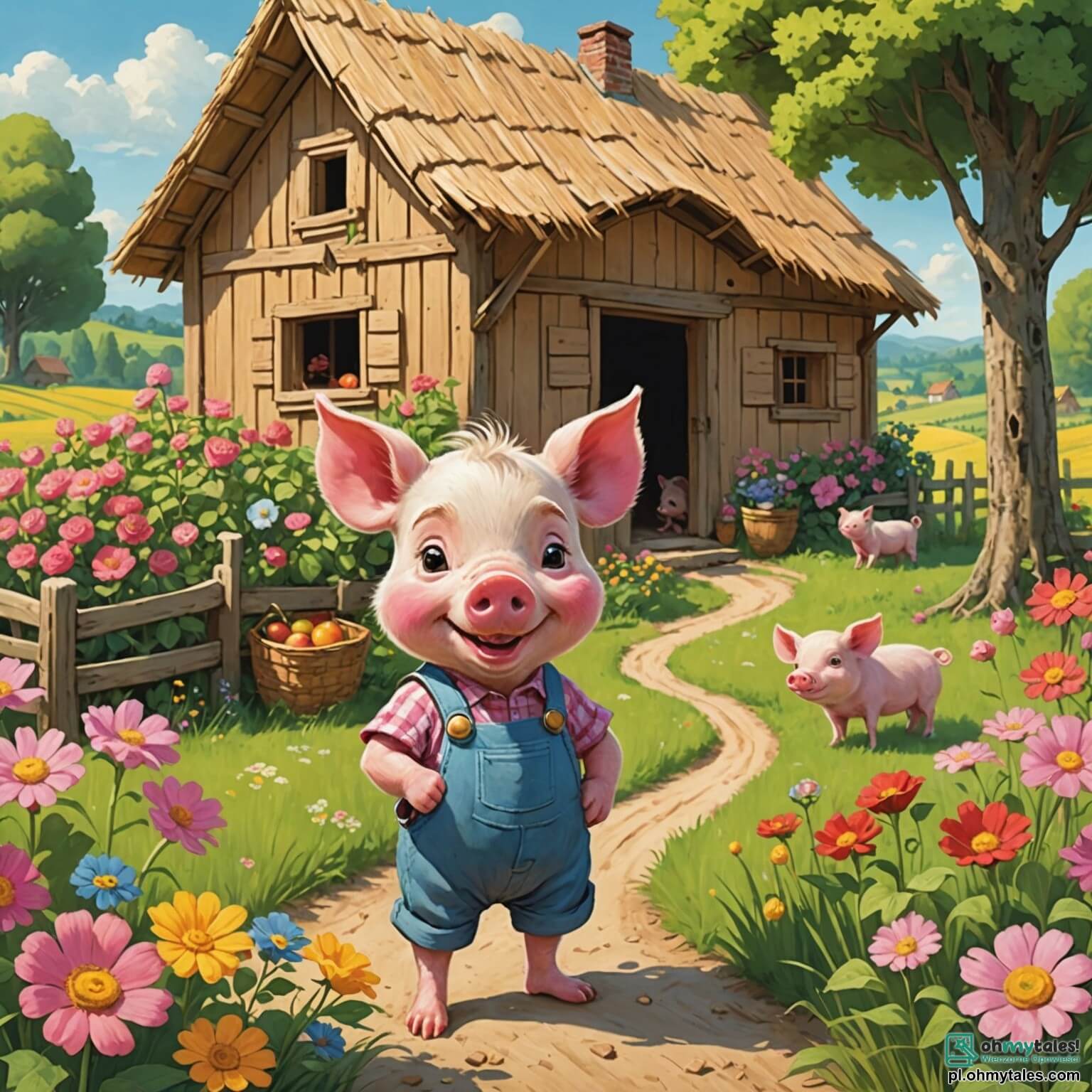 Une illustration destinée aux enfants représentant une petite cochonne au pelage rose et soyeux, pleine de détermination et d'enthousiasme, se tenant fièrement devant une charmante maison en paille, entourée de champs verdoyants parsemés de fleurs colorées et d'arbres aux branches chargées de fruits juteux, alors qu'elle se prépare à défendre son doux foyer contre un loup rusé et affamé, tandis que ses deux frères, un cochon courageux à la fourrure brune et un autre à la peau blanche et frisée, l'observent avec admiration et inquiétude, tous trois vivant dans un paisible village où le soleil brille et les oiseaux chantent, promettant une aventure pleine de rebondissements et de magie.