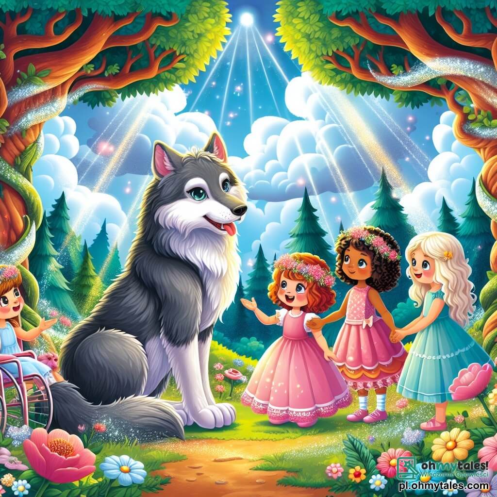 Ilustracja przedstawiająca magiczną scenę w zaczarowanym lesie, gdzie drzewa o grubych, krętych pniach wznoszą się ku niebu wypełnionemu puszystymi białymi chmurami. Kolorowe i błyszczące kwiaty pokrywają ziemię, podczas gdy promienie słońca filtrują przez liście, tworząc ciepłą i przyjazną atmosferę. W centrum obrazu cztery uśmiechnięte czteroletnie dziewczynki są zebrane. Jedna z nich, dziewczynka o brązowych, kręconych włosach, siedzi w ładnym wózku inwalidzkim ozdobionym kwiatami. Obok niej dziewczynka o blond, gładkich włosach, ubrana w różową sukienkę, wyciąga rękę w stronę dużego wilka. Wilk, o szarej sierści i błyszczących oczach, ma ciekawą i przyjazną minę, pokazując, że nie jest groźny. Dwie pozostałe dziewczynki, jedna z rudymi włosami, a druga z kasztanowymi, trzymają się za ręce, pokazując zachęcające uśmiechy. Główna sytuacja ukazuje dziewczynki radośnie rozmawiające z wilkiem, który wydaje się zaintrygowany i szczęśliwy, że jest częścią ich grupy. Z kwiatów wokół nich emanują promienie światła, symbolizując magię przyjaźni, która się rozwija. W tle kolorowe ptaki latają po niebie, dodając życia tej zaczarowanej scenie.