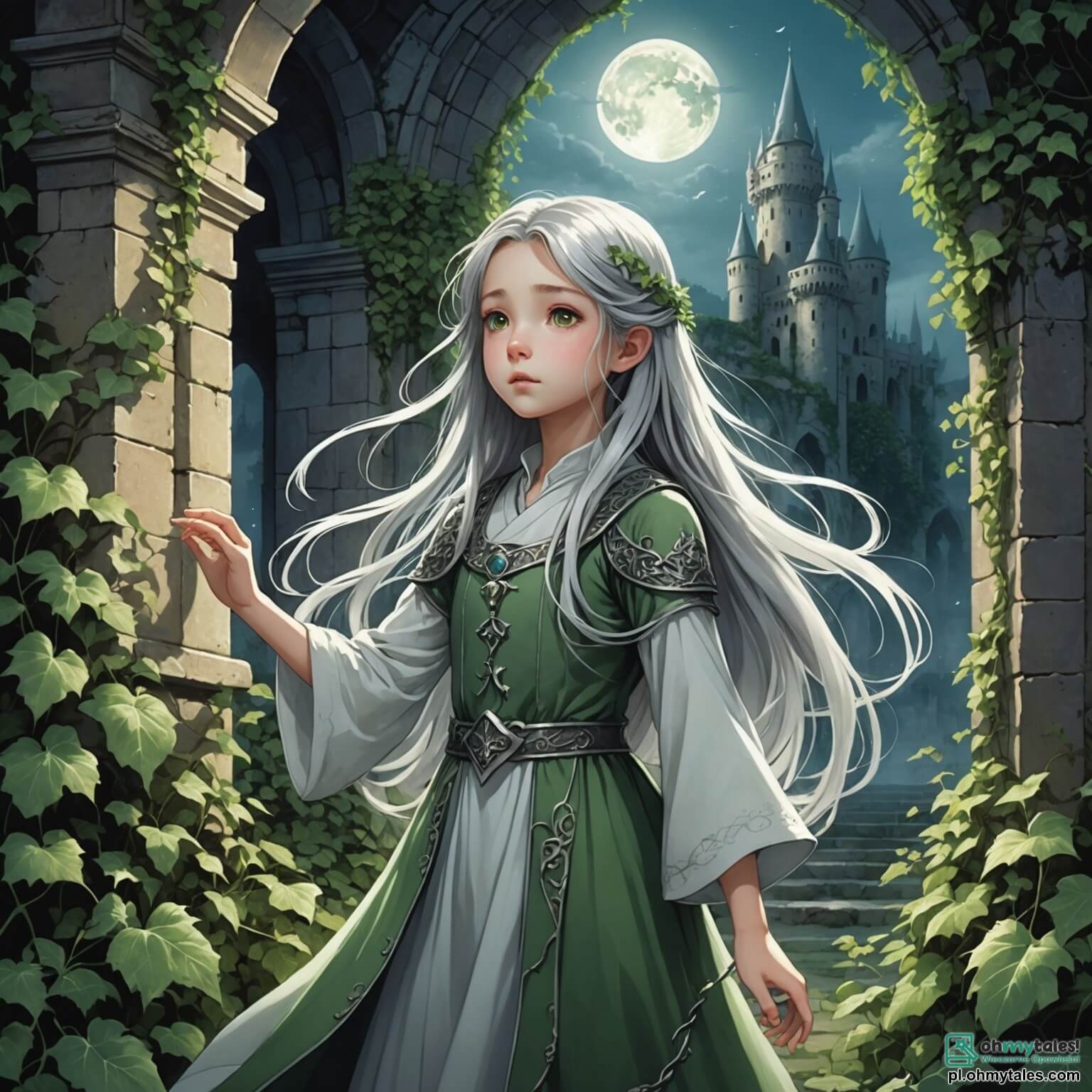 Une illustration destinée aux enfants représentant un fantôme éthéré, une jeune fille aux longs cheveux flottants comme des filaments d'argent, errant dans un ancien château en ruines, où les murs sont recouverts de lierre verdoyant et les fenêtres brisées laissent passer des rayons de lune argentés, tandis qu'elle cherche désespérément à retrouver son précieux médaillon perdu, accompagnée d'un petit dragon espiègle aux écailles scintillantes de bleu et d'or, qui vole autour d'elle en crachant de petites étincelles, dans une salle aux voûtes majestueuses ornées de fresques fanées, où le souffle du vent murmure des secrets oubliés et où les ombres dansent sur le sol de marbre usé, créant une atmosphère à la fois mystérieuse et magique.