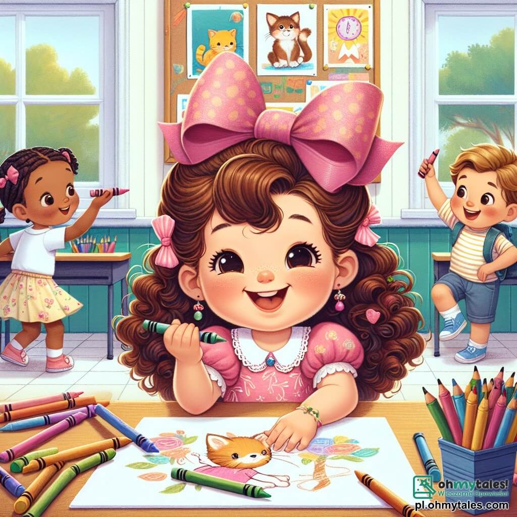 Une illustration sous forme de dessin destinée aux enfants représentant une salle de classe colorée avec des murs ornés de dessins d'enfants, où une fille de 6 ans aux cheveux bruns et bouclés, portant une jolie robe rose avec une grande cocarde, sourit joyeusement en tenant des crayons dans ses mains, entourée de deux camarades : une fille blonde aux tresses qui dessine un chat et un garçon aux cheveux châtains qui joue avec une balle, tous trois s'amusant ensemble en créant un grand poster sur leurs passions, illustrant ainsi l'excitation et la joie de la rentrée des classes.